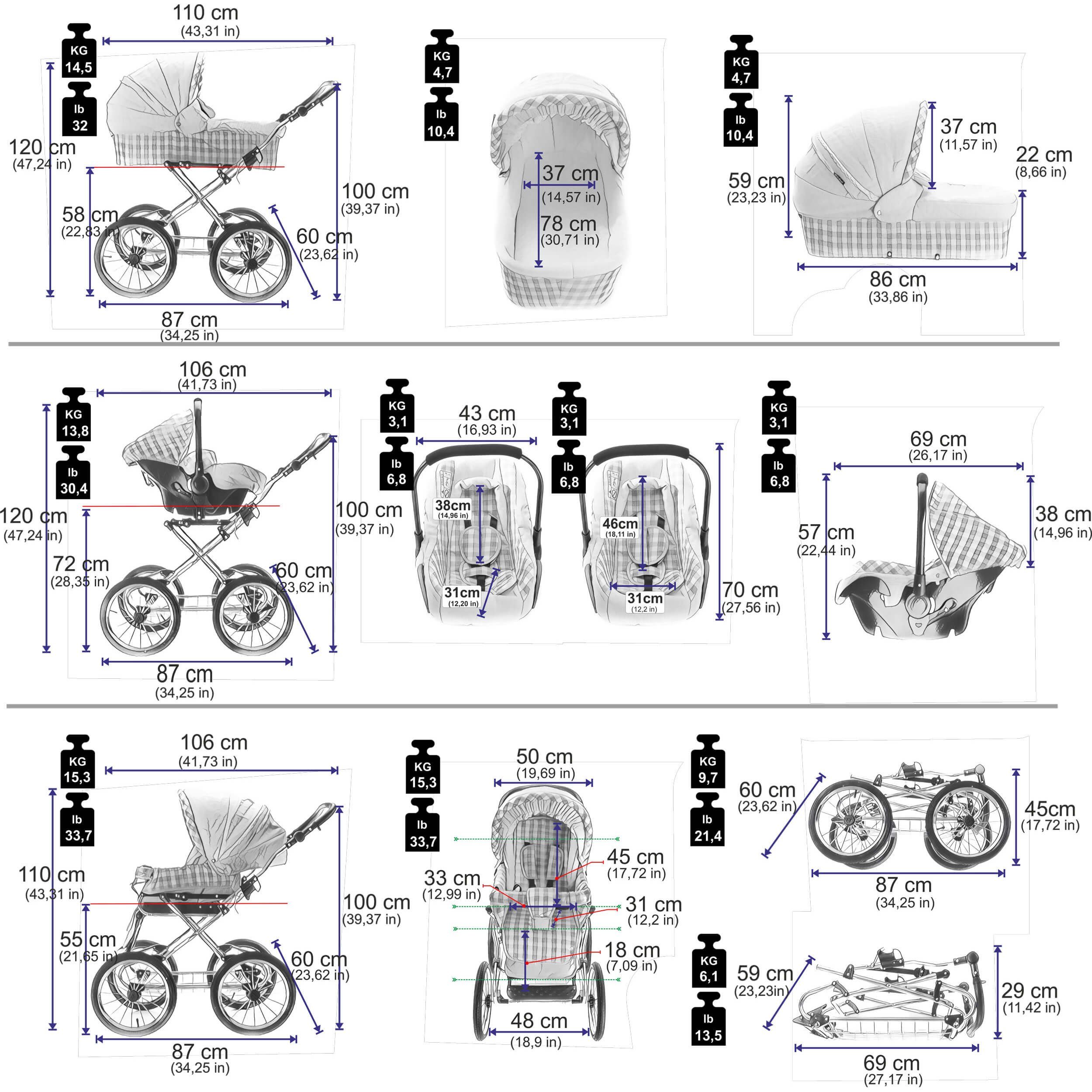Friedrich Hugo baby's moving art Kombi-Kinderwagen Natureline, 3 in 1, Kombikinderwagen, Federung 4-fach, Liegeposition verstellbar, Kombihaube für Babywanne und Buggy, Fußverdeck, 78 x 37 cm (Länge x Breite), mehrstufig verstellbare Fußstütze, 5-Pun
