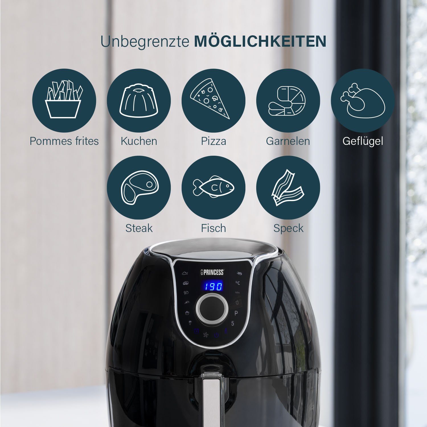 PRINCESS Heißluftfritteuse XXL 182055, 1700 W, digitales Display mit 8 Programmen, 5,2L