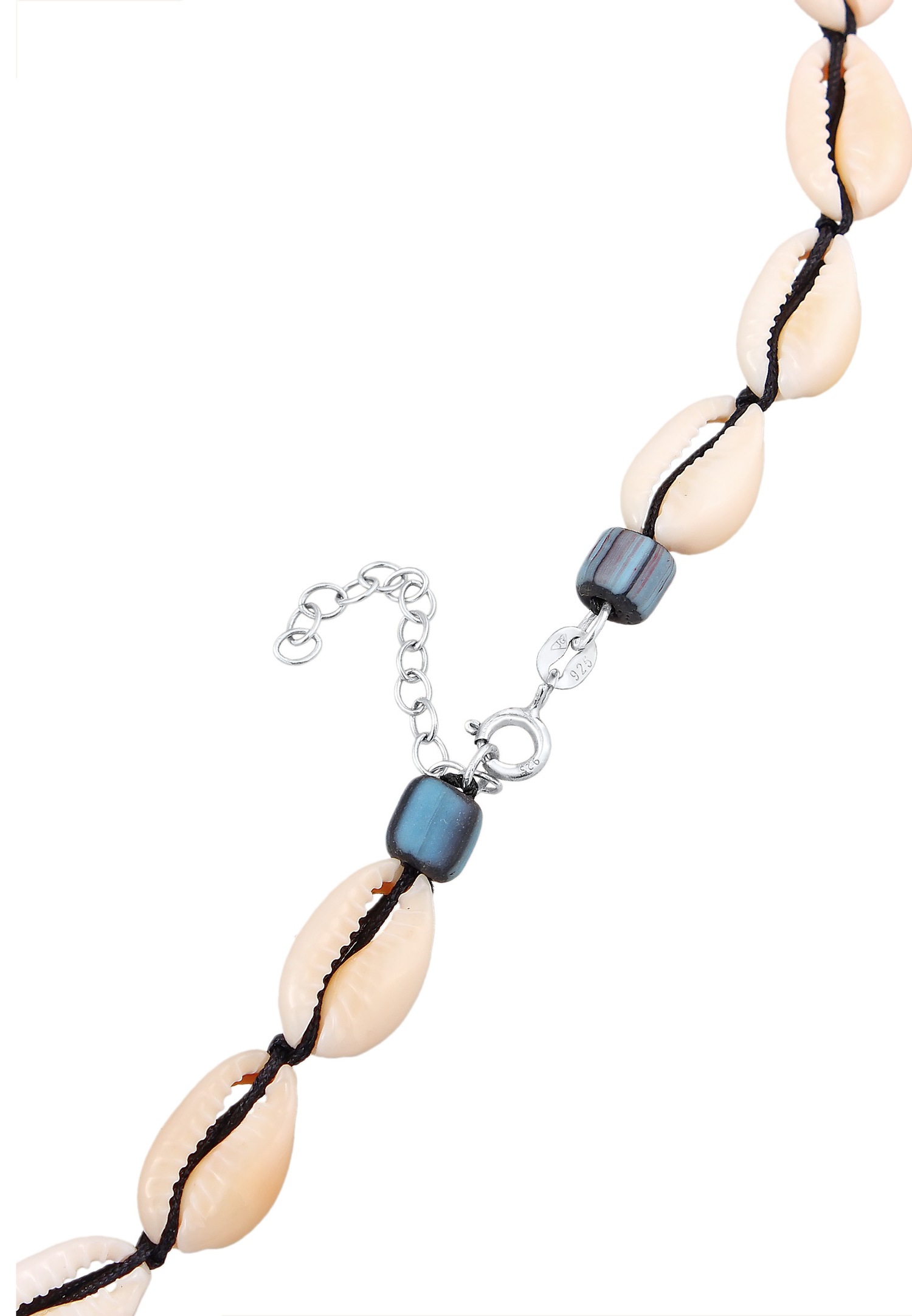 Collana girocollo da donna Elli in stile surfista con perline di vetro e conchiglia di ciprea, in argento sterling 925.