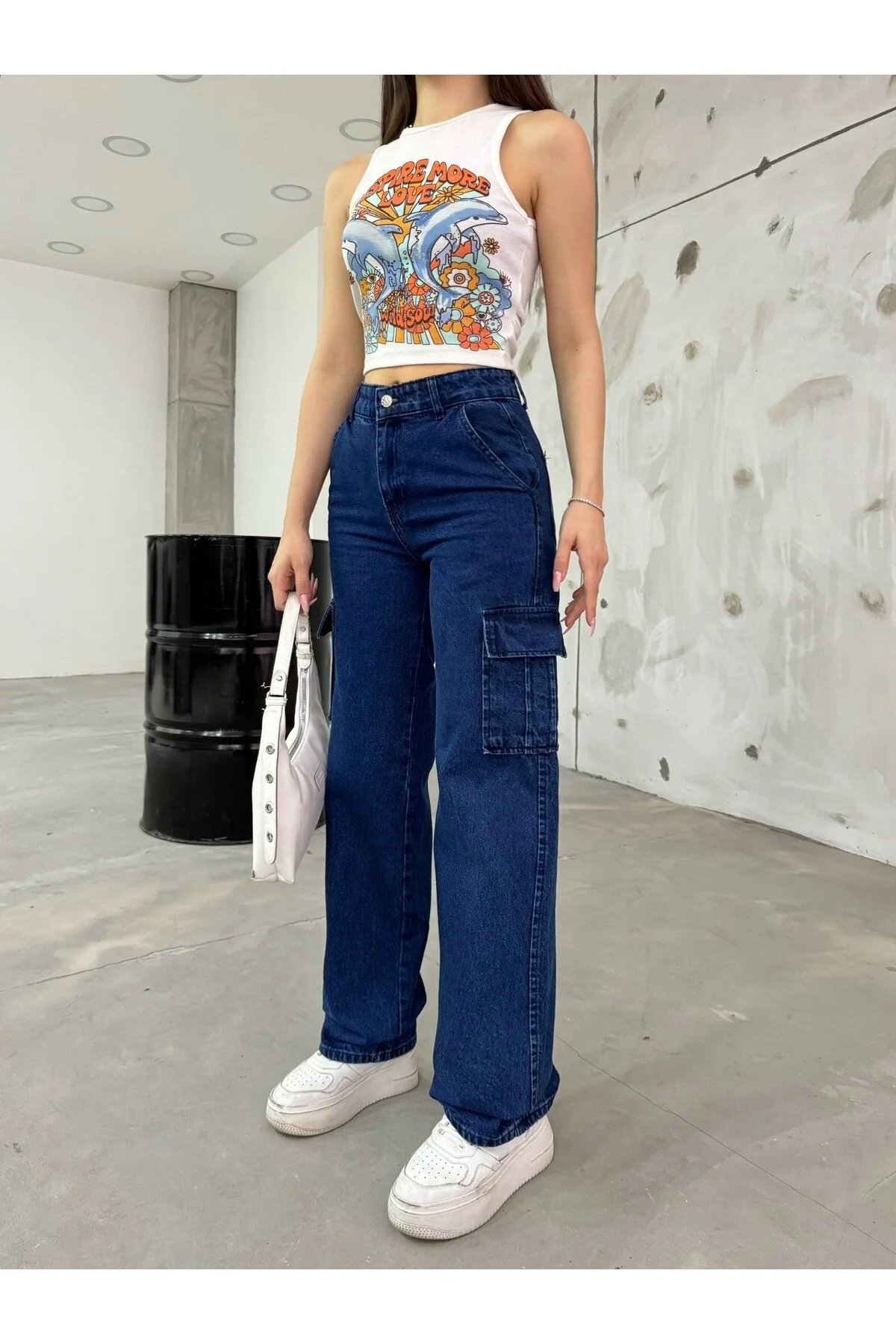 BİKELİFE  Marineblaue Cargohose mit hoher Taille und weitem Bein für Damen