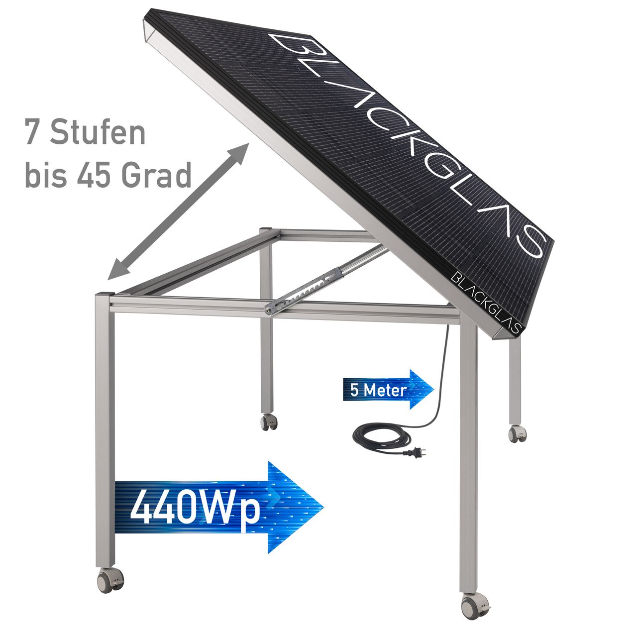 BLACKGLAS SolarTisch ECOflexPRO-440Wp-FBGG, 440Wp Bifacial, 7-stufig verstellbar, mit Rollen, Balkonkraftwerk