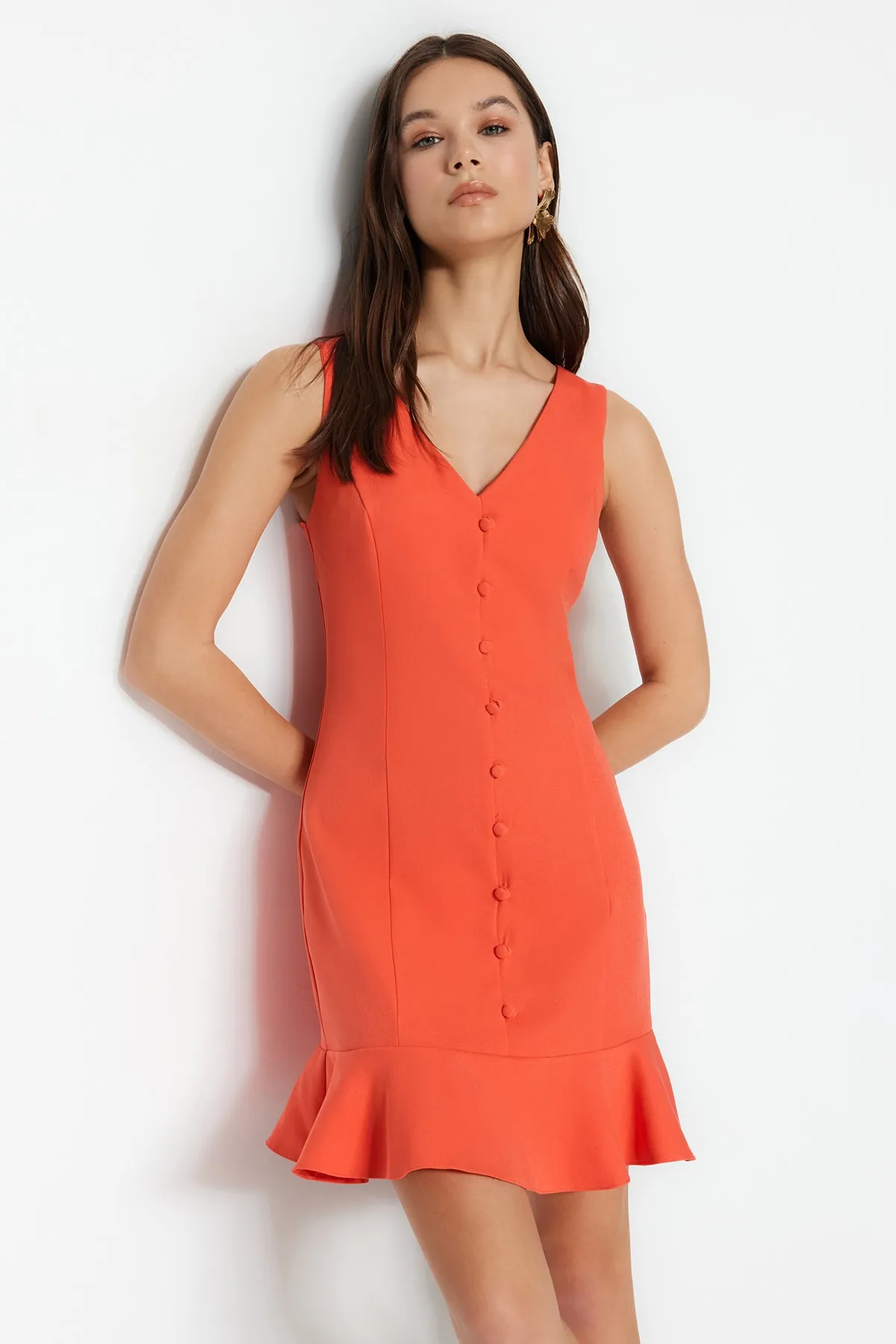 Trendyol Collection  Granatapfelblüten-Volant, geknöpft, A-Linie/Glockenform, gewebtes Minikleid TWOSS23EL02259