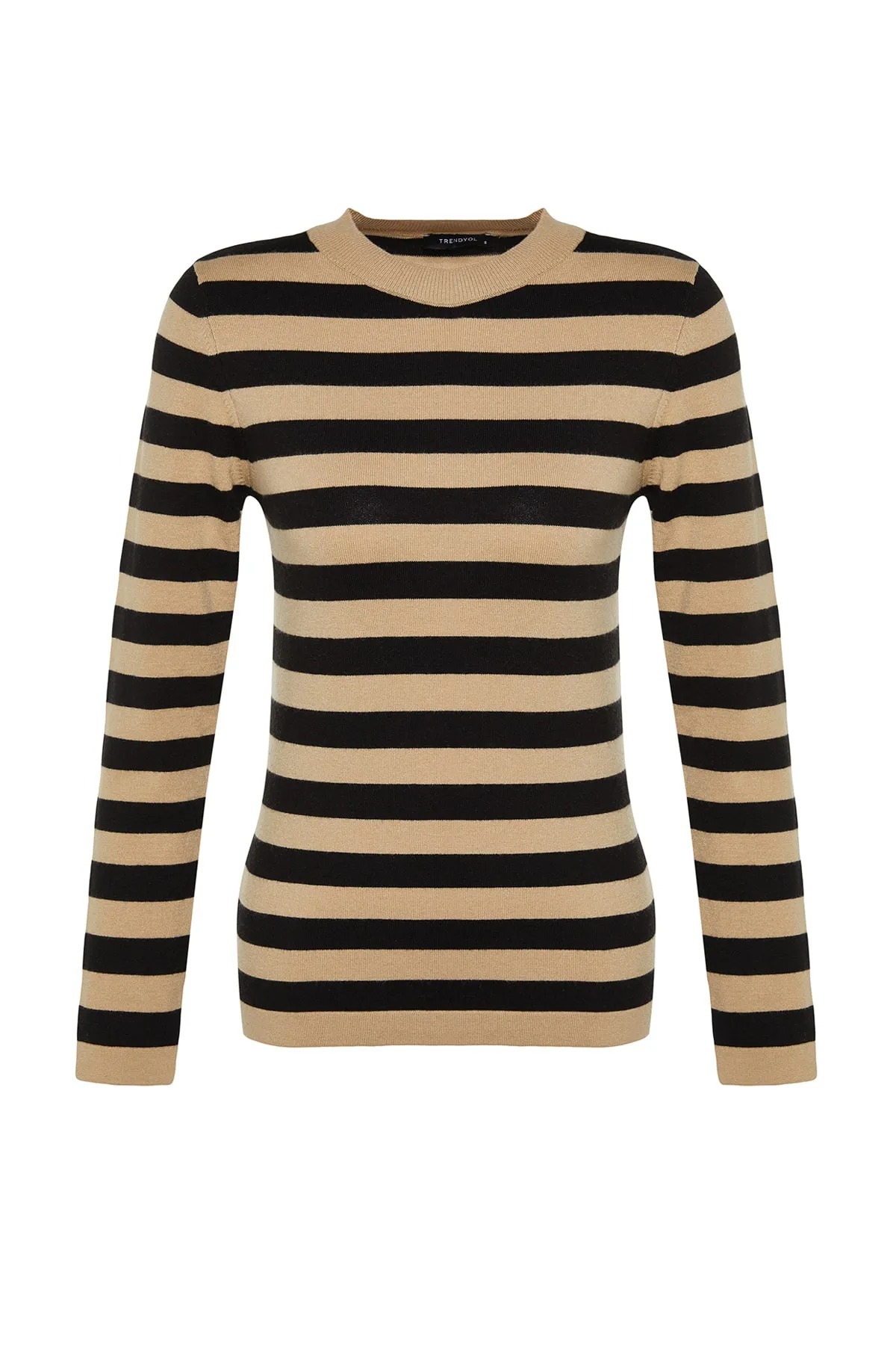 Trendyol Collection  Kamelfarbener Strickpullover mit Streifen aus hochwertigem/speziellem Garn mit weicher Textur TWOAW24KZ00133