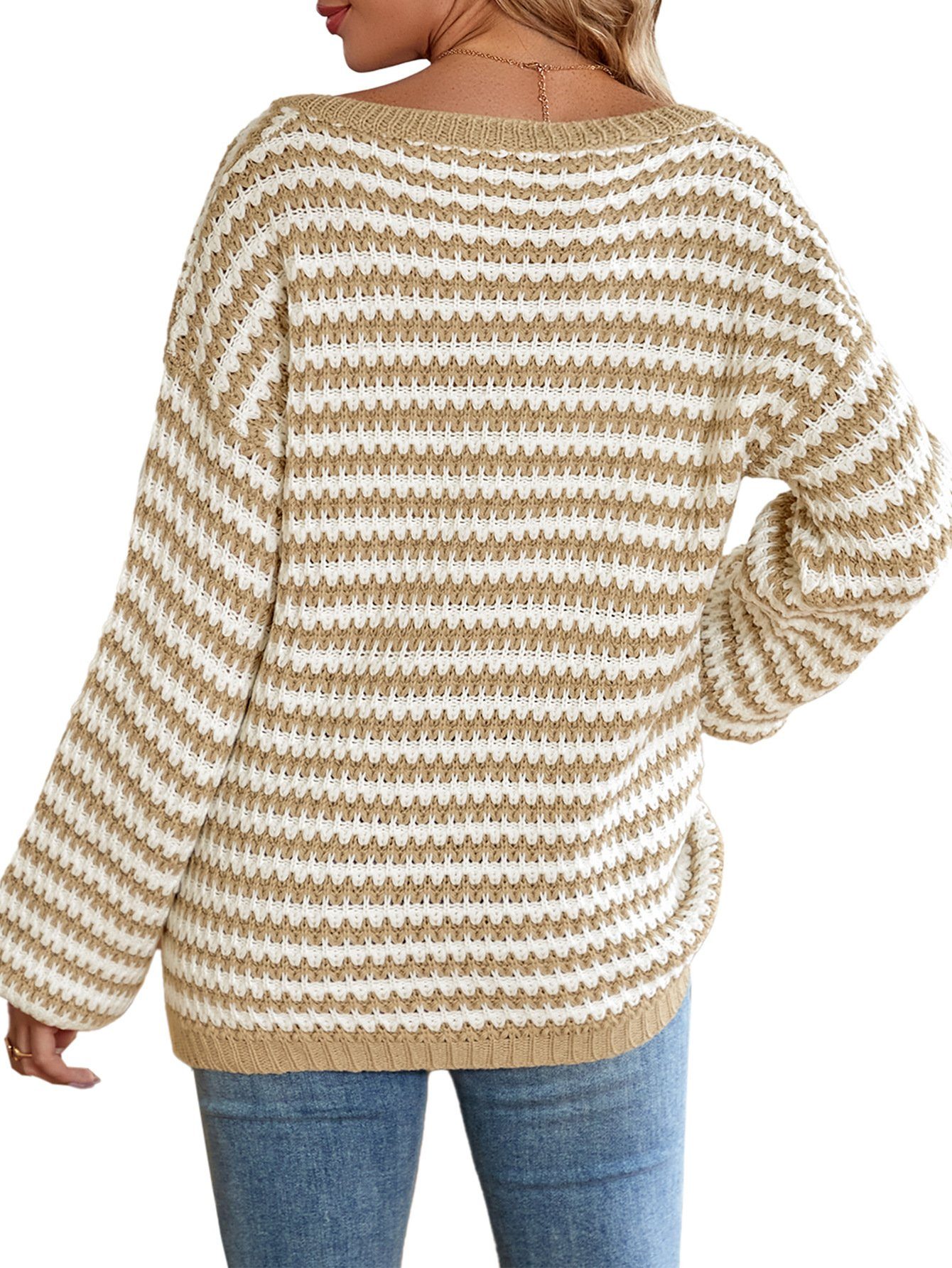 Ronner UG Longpullover Damen V-Ausschnitt, lockerer, gestreifter Langarm-Pullover (1-tlg)