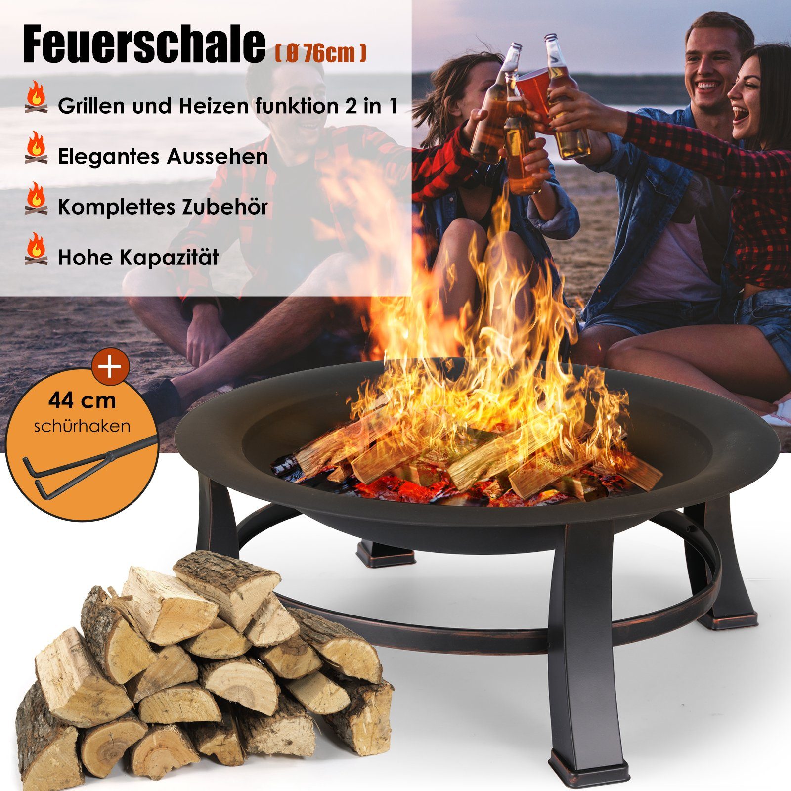 TLGREEN Feuerschale, Φ76cm Feuerkorb mit grillrost, Feuerschalen für den garten, BBQ grill