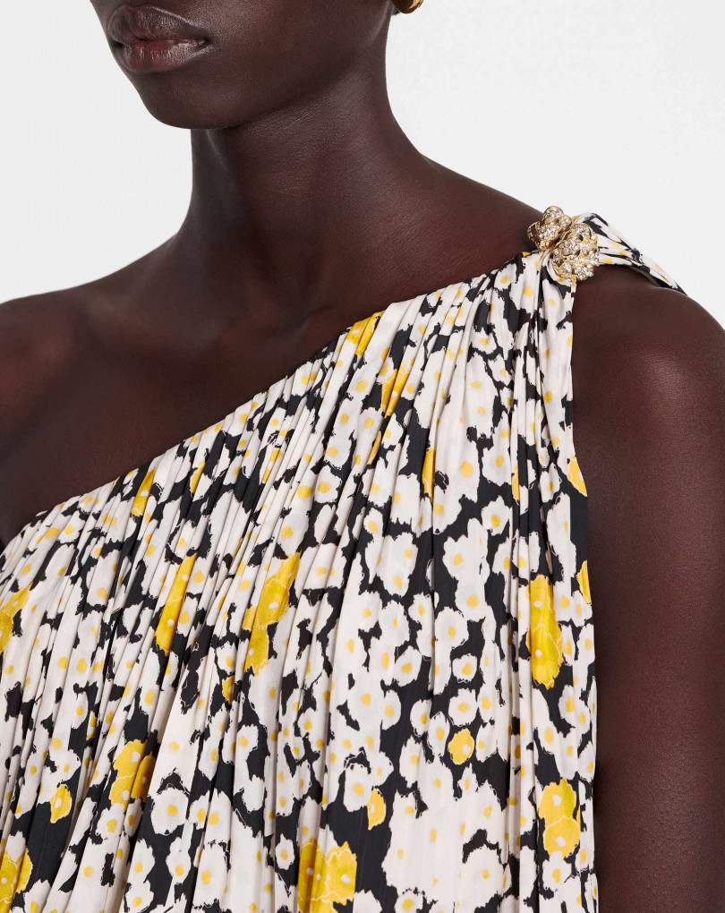 ROBE ASYMÉTRIQUE AVEC VOLANTS EN CHARMEUSE IMPRIMÉE