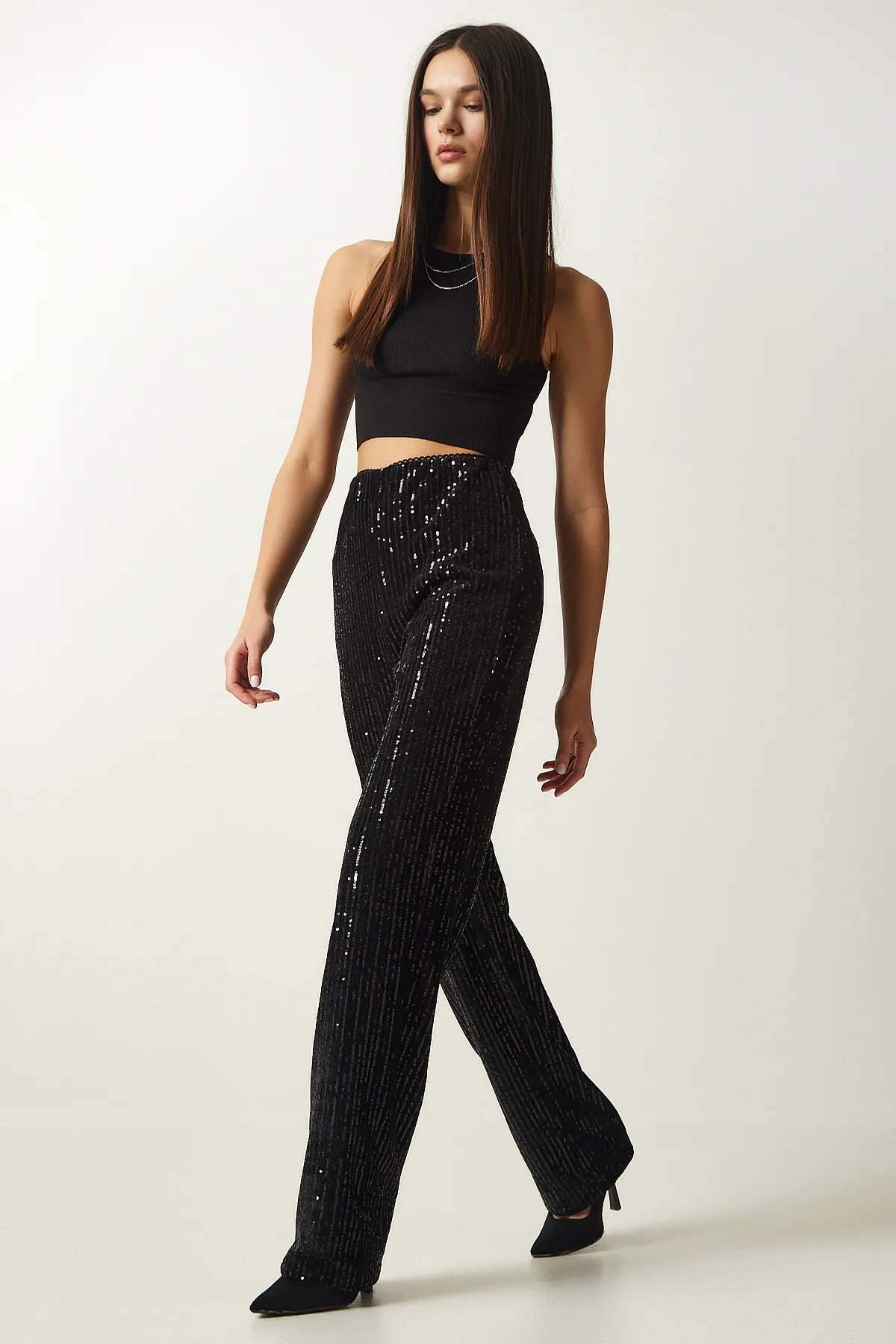 Happiness İstanbul  Schwarze Palazzo-Hose mit Pailletten für Damen MC00250