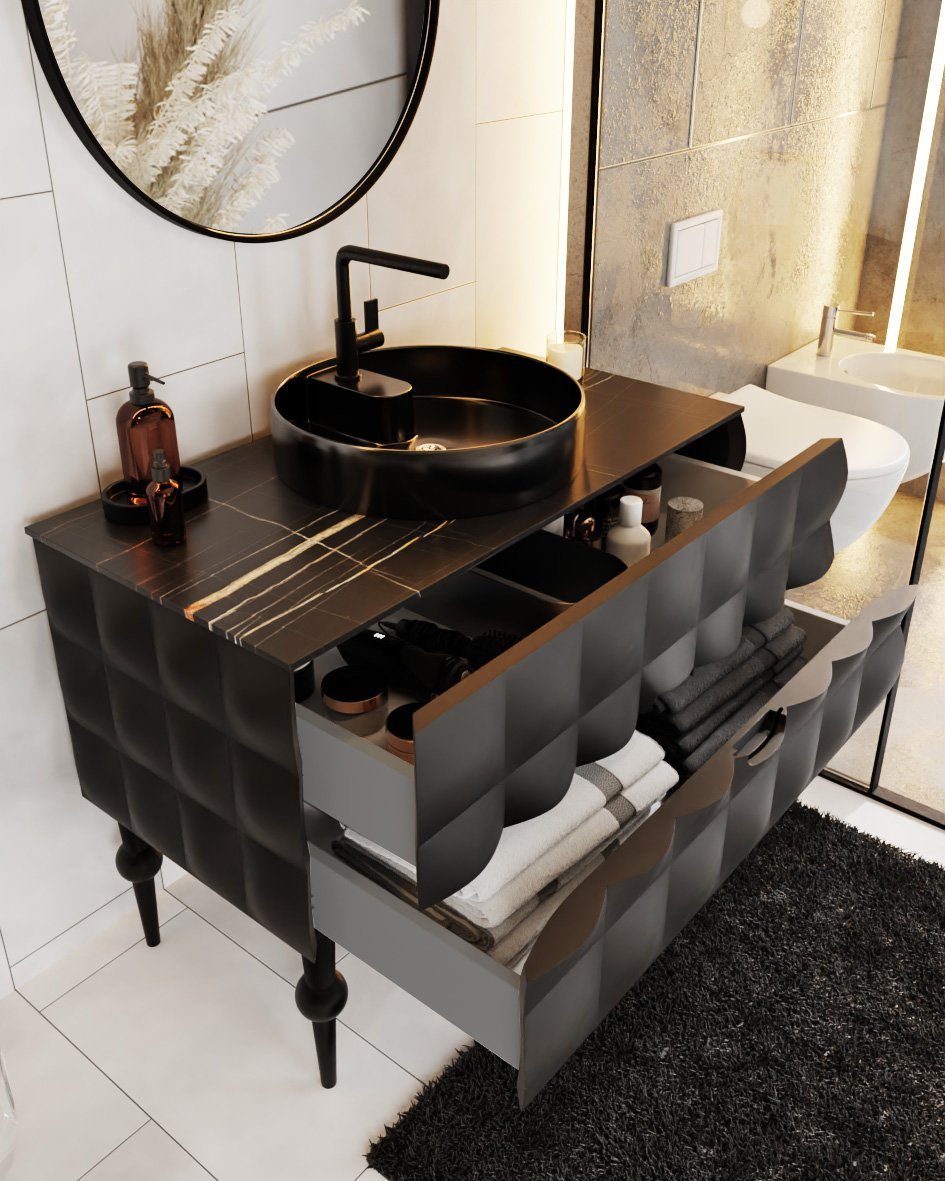 Karen Badmöbel-Set Onyx, (Komplett-Set, 4-Teilig (Unterschrank, Konsole, Spiegel, Waschbecken), Unterschrank mit Schubladen und Konsole), Extravagantes Design, Acryl-Beschichtung, Softclose, Griffmulden