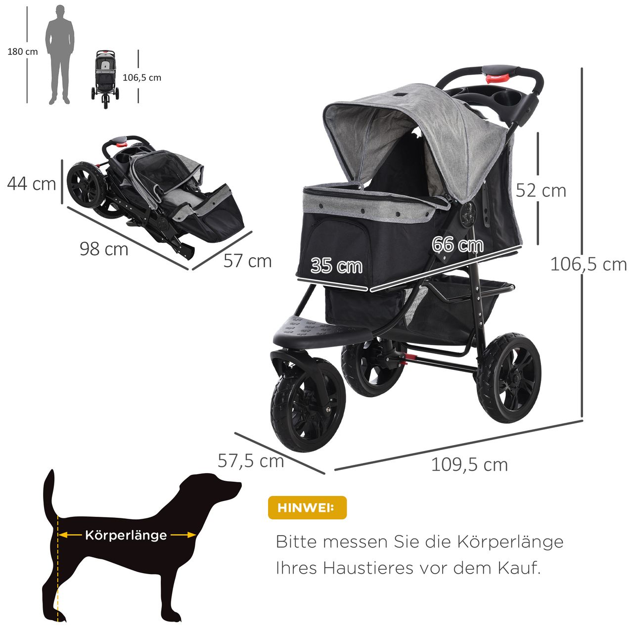PawHut Hundewagen Hundebuggy Katzen Pet Stroller mit 3 Rädern klappbar Grau