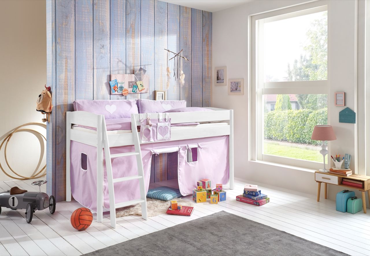 Relita Halbhohes Bett MICHELLE 90 x 200 cm Buche massiv weiß lackiert, mit Textilset purple/weiß/herz