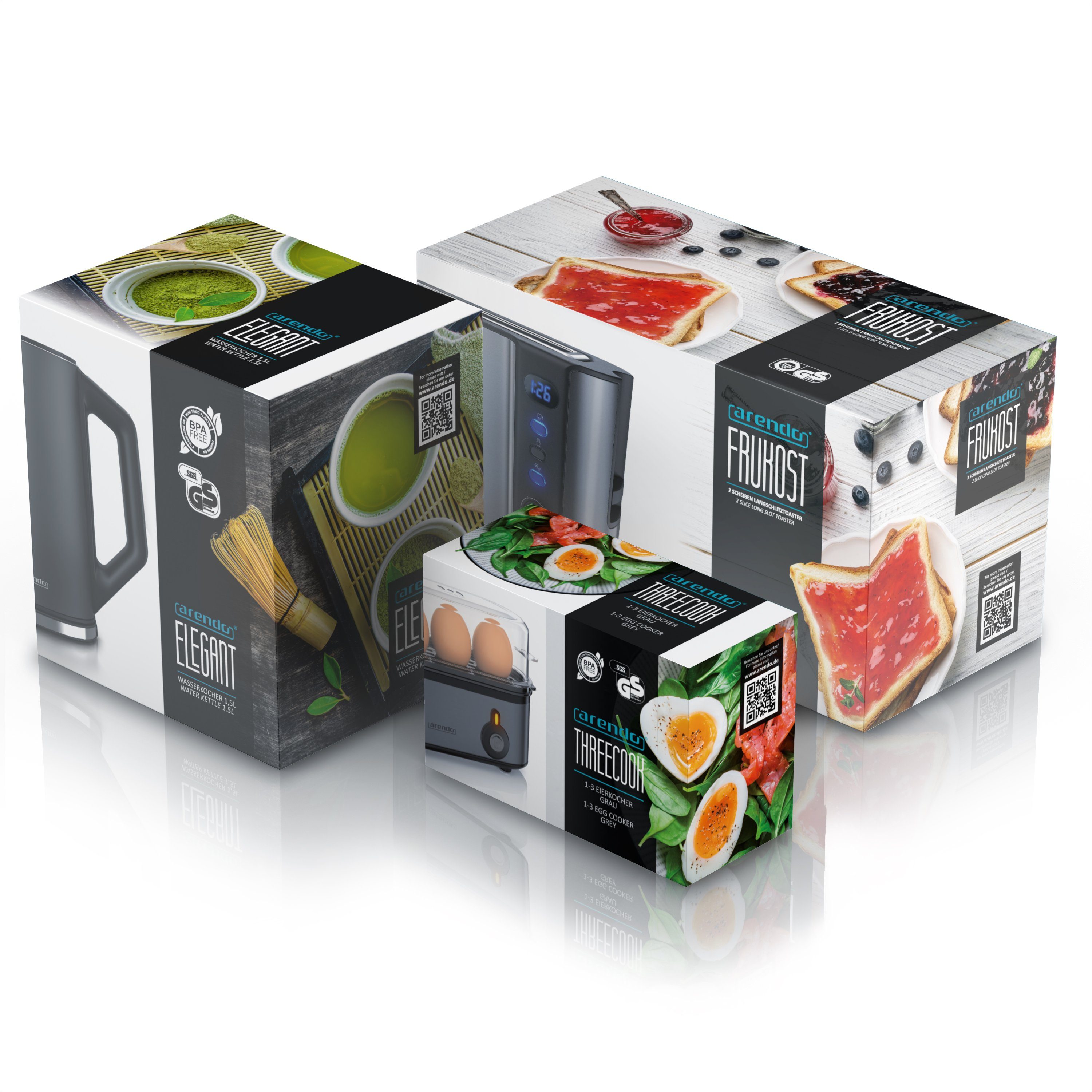 Arendo Frühstücks-Set (3-tlg), Wasserkocher 1,5l / 2-Scheiben Toaster / Eierkocher, Edelstahl, Grau