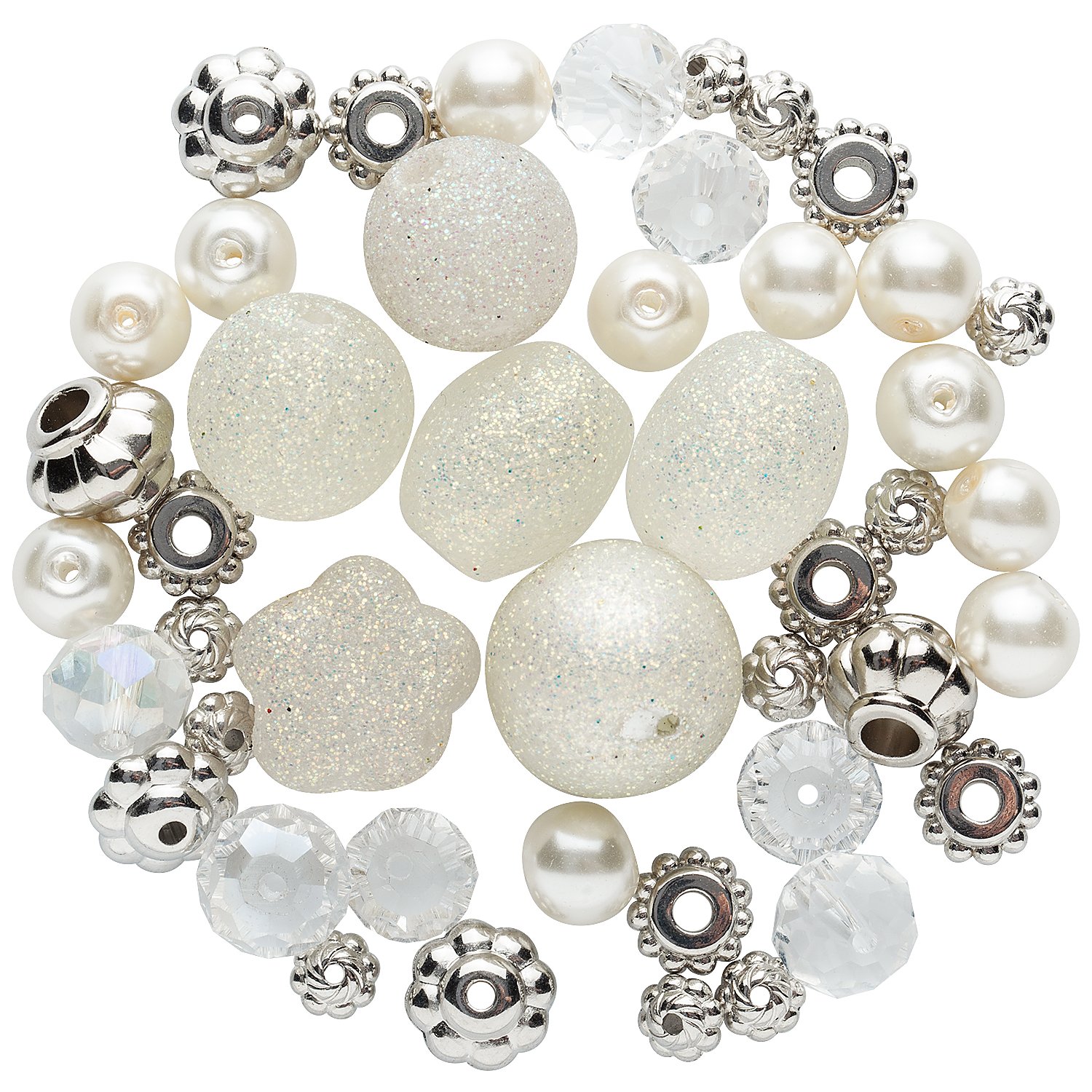 Perlenmix, weiß-silber-Glitzer, 5–15 mm, 45 Stück