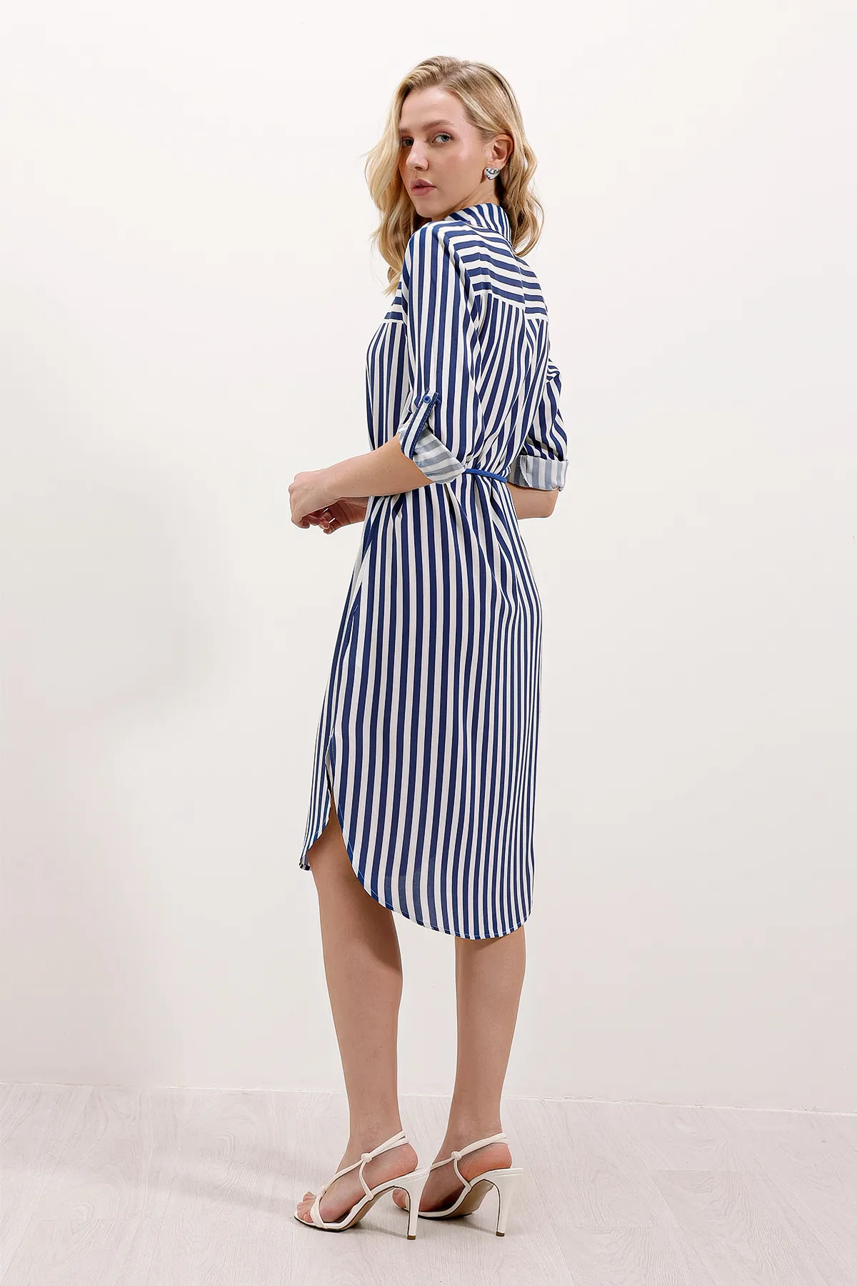 Bigdart  5629 Gestreiftes Kleid mit Gürtel - Blau