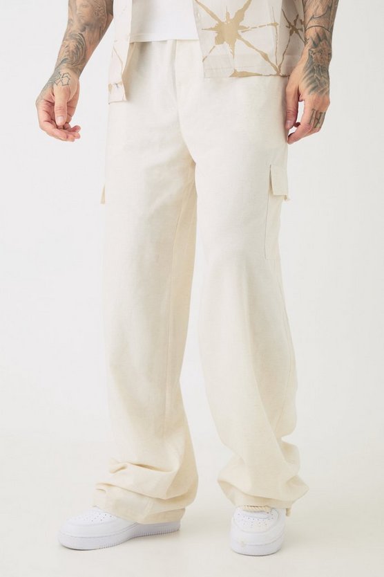 Tall Oversize Leinen-Cargohose mit elastischem Bund
