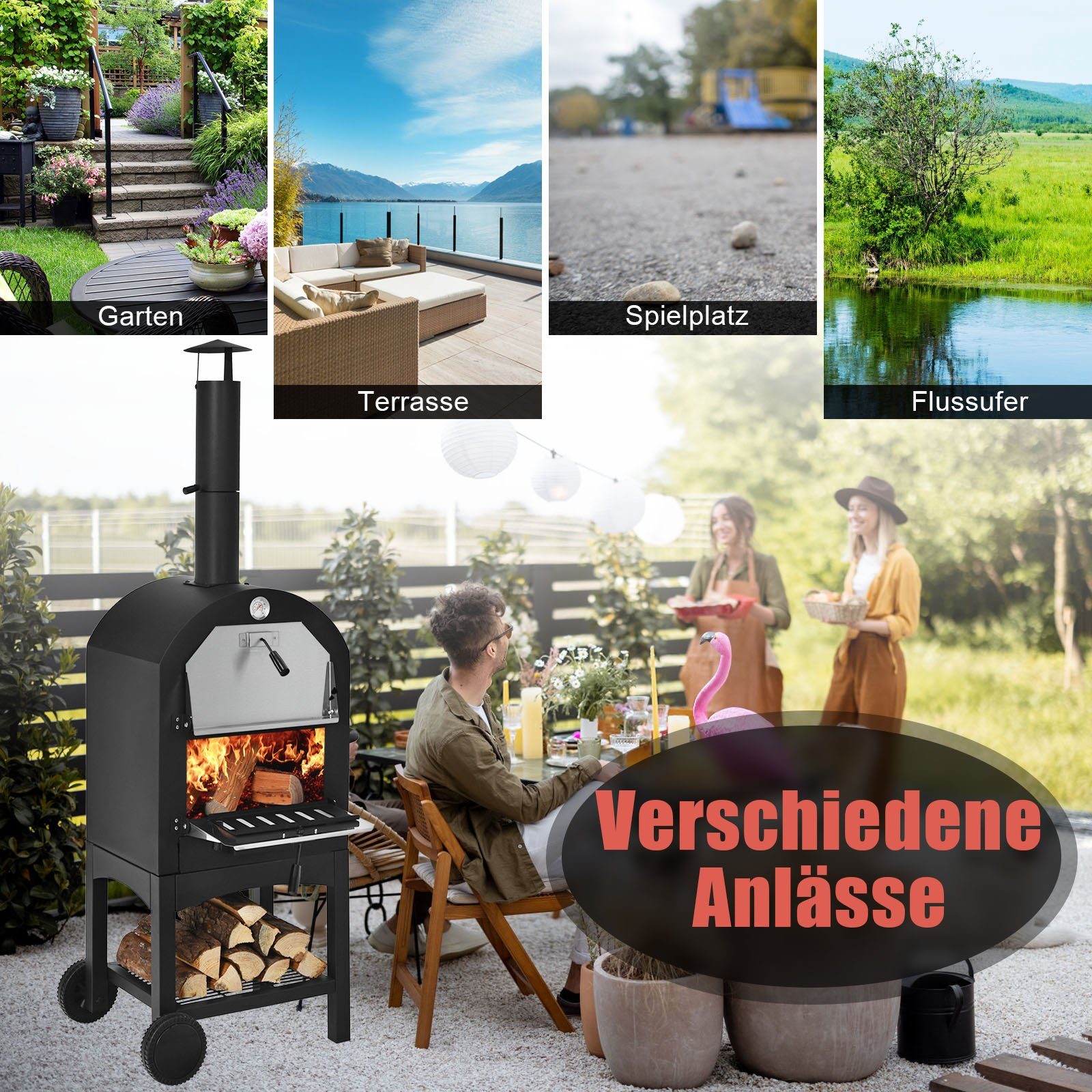 COSTWAY Pizzaofen, Grillwagen, mit Schornstein, für BBQ draußen