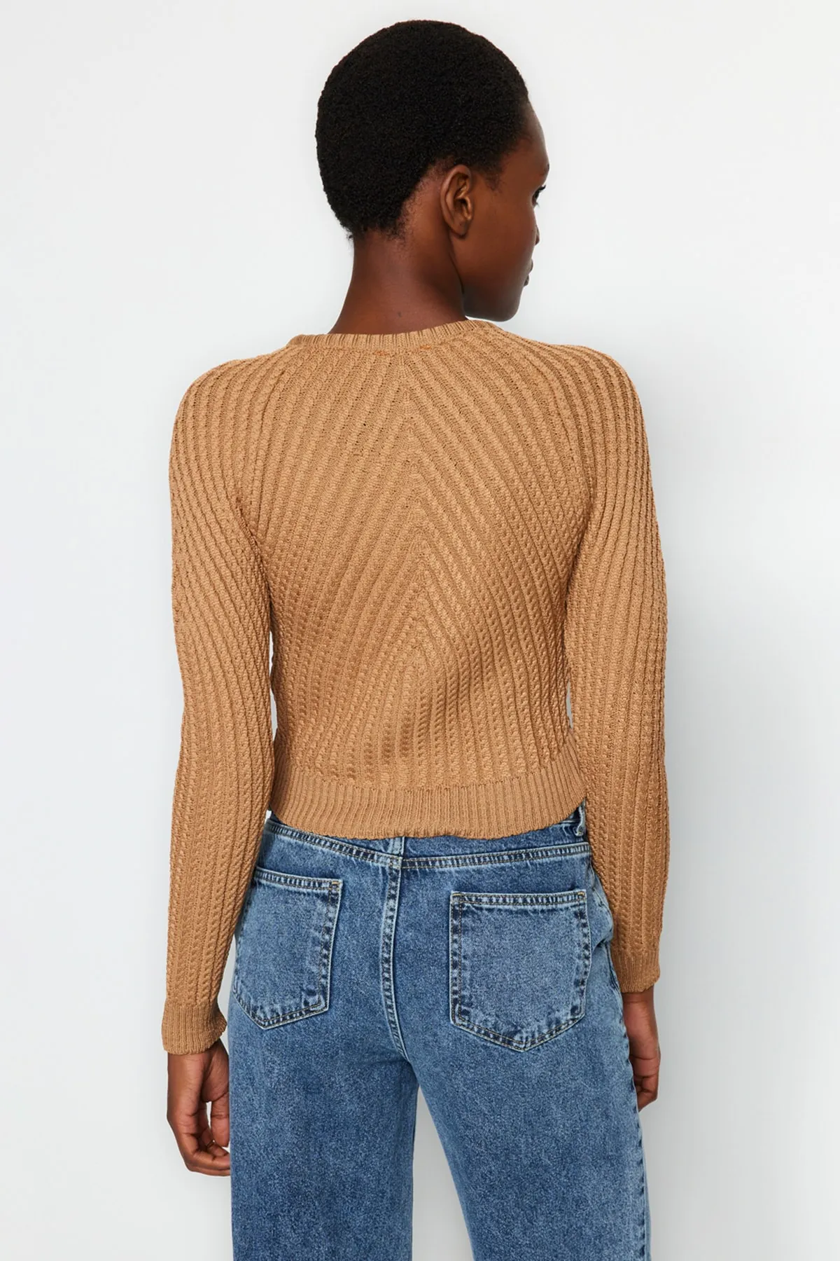 Trendyol Collection  Kurzer Strickpullover mit Rundhalsausschnitt in Kamel TWOAW24KZ00765