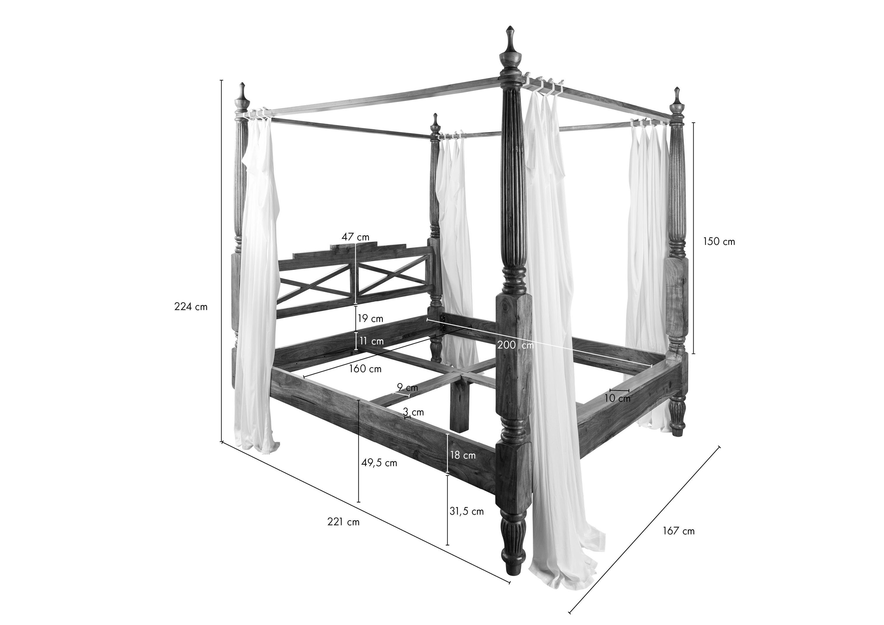 Massivmoebel24 Himmelbett Himmelbett Akazie 160x200x224 nougat lackiert OXFORD #245