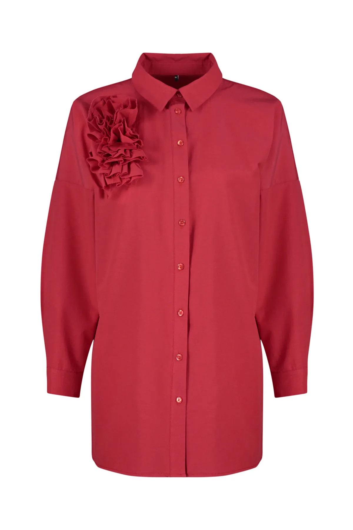 Trendyol Modest  Rotes gewebtes Baumwollhemd mit Blumenapplikationen TCTSS24TG00030