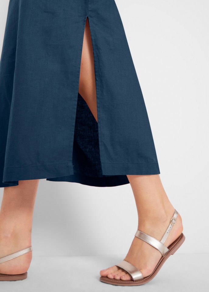Maxi-Kleid mit Leinen, Lochmuster am Ausschnitt und Seitenschlitz