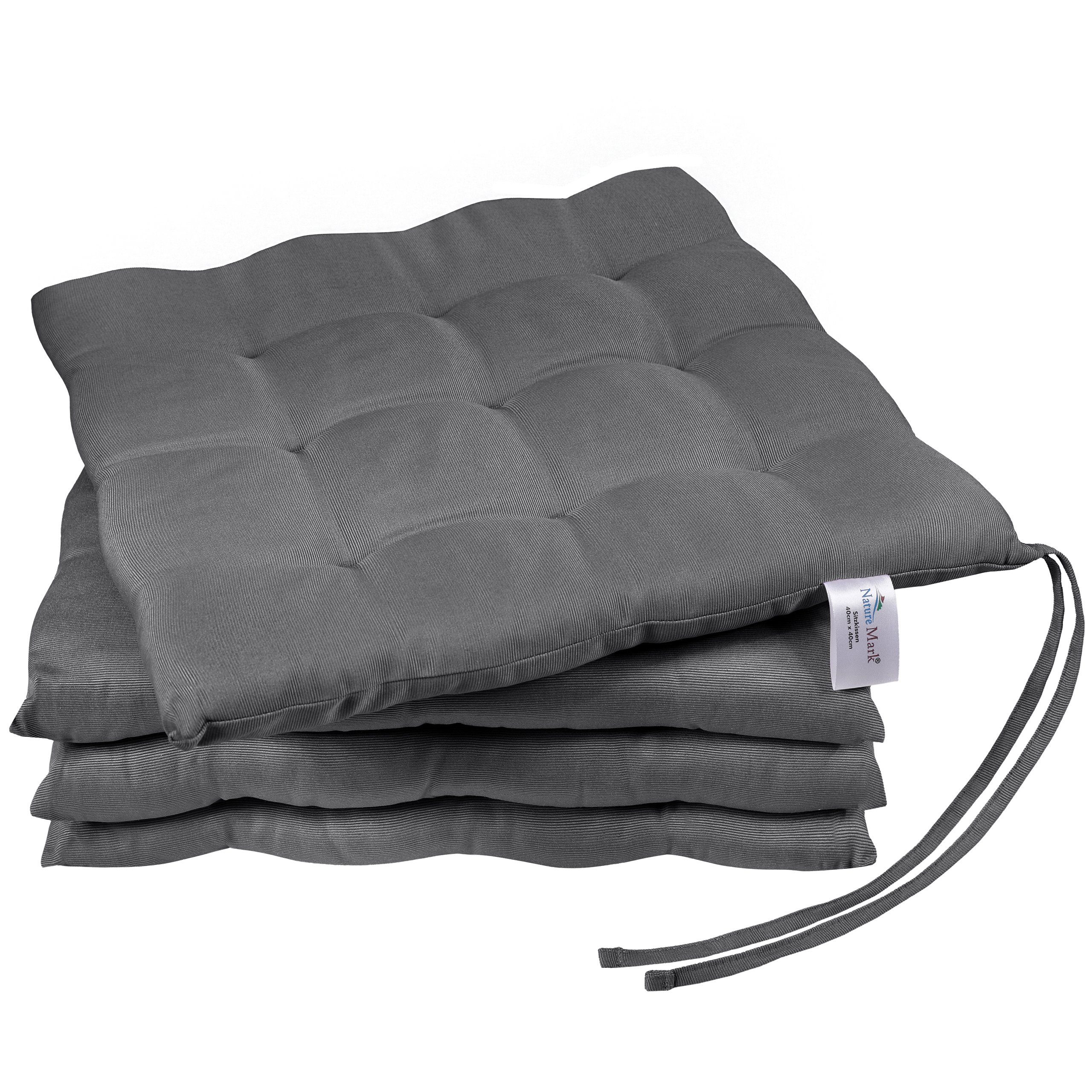 NatureMark Sitzkissen Sitzkissen 40 X 40 CM, 4er Pack Stuhlkissen mit Bändern Gr. 40x40 cm Sitzkissen gefüllt, Anthrazit