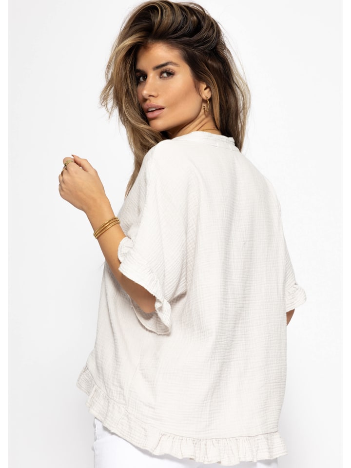 SASSYCLASSY Musselin Bluse mit Rüschensaum in Hellbeige günstig kaufen