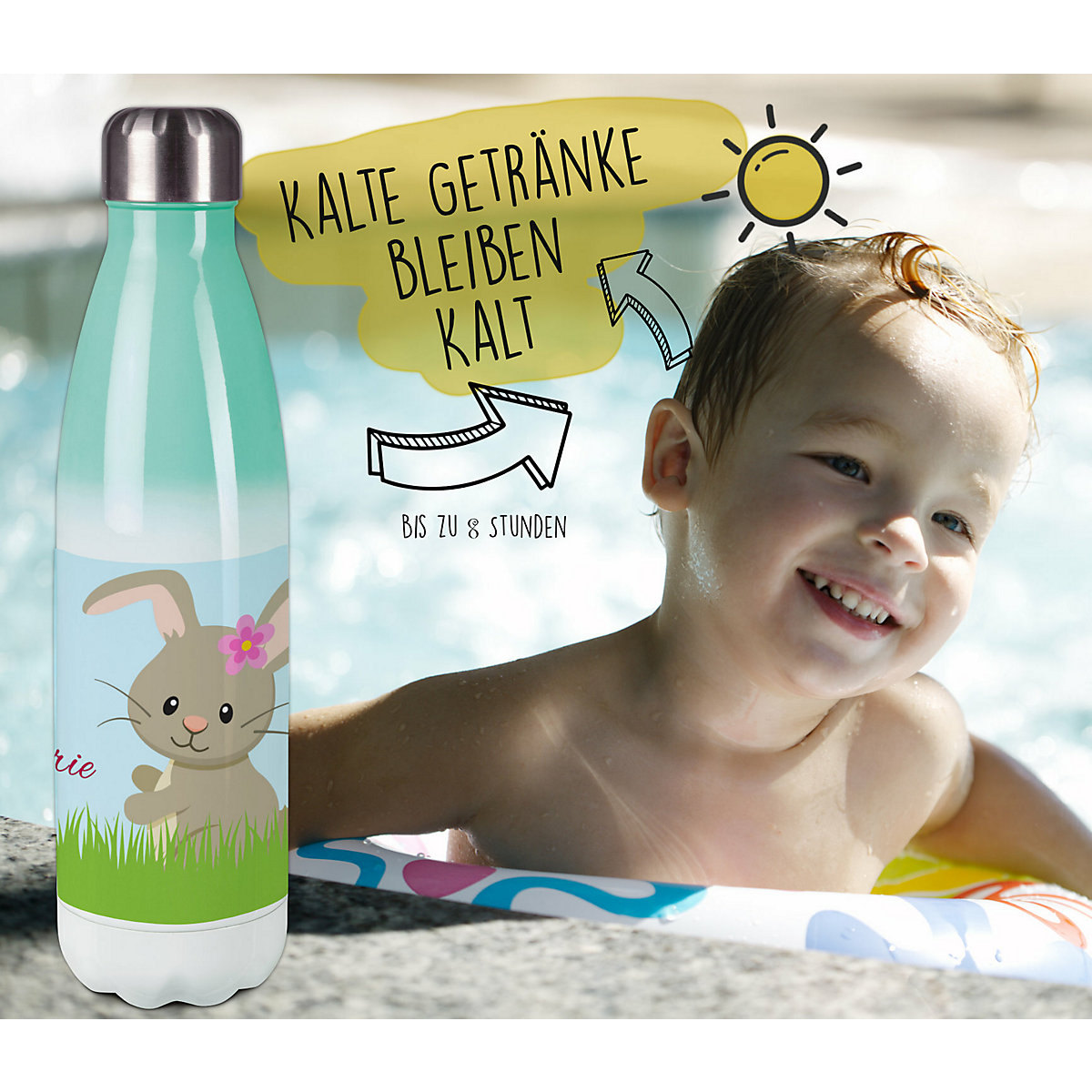 Edelstahl Kinder Thermoflasche / Trinkflasche bunt Hase Spülmaschinenfest, Auslaufsicher, Bruchfest, Doppelwandig, Für Heißgetränke geeignet, Mit Deckel, Isoliert