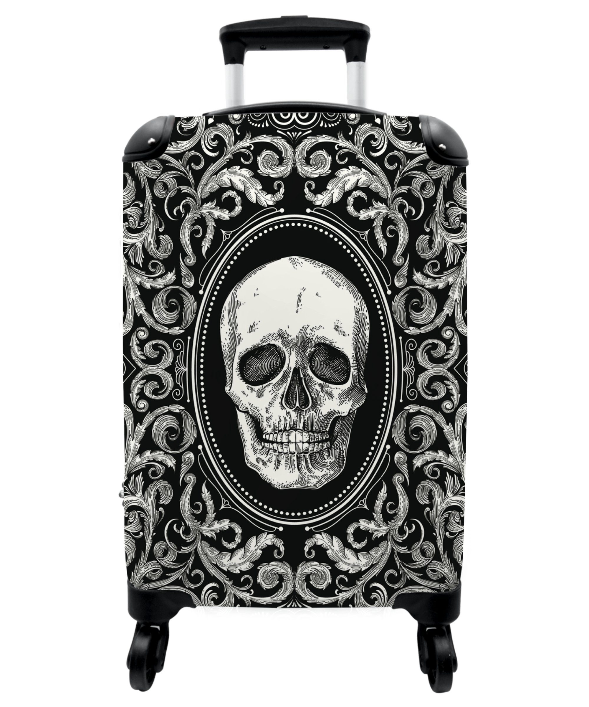 NoBoringSuitcases.com© Handgepäckkoffer 55x35x20cm Spielkarte - Totenkopf - Design - Schwarz und weiß - Männer, 4 Rollen, Handgepäck Trolley Rollkoffer Kleine Reisekoffer mit 4 Rollen - Cabin