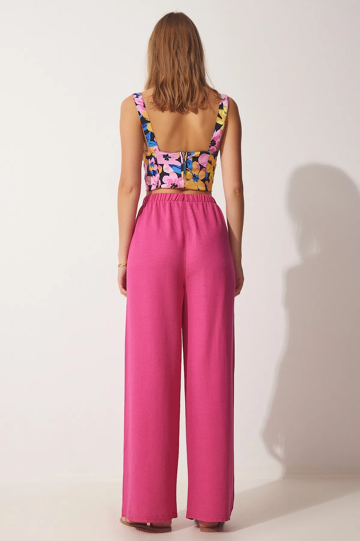 Happiness İstanbul  Dunkelrosa lockere Leinenhose für Damen BH00403