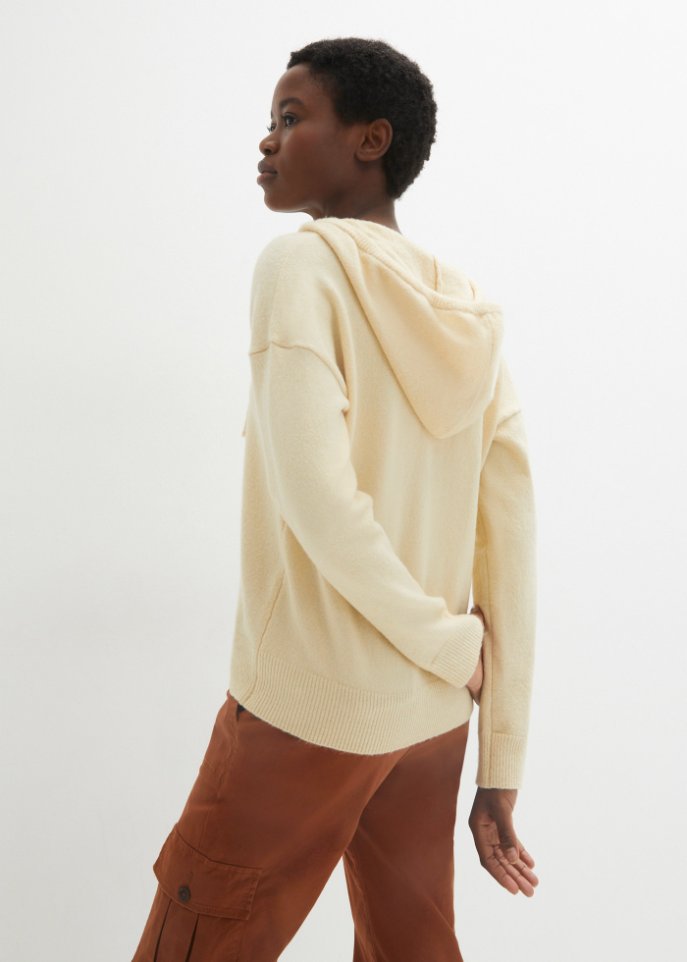Strick-Pullover mit V-Ausschnitt und Kapuze