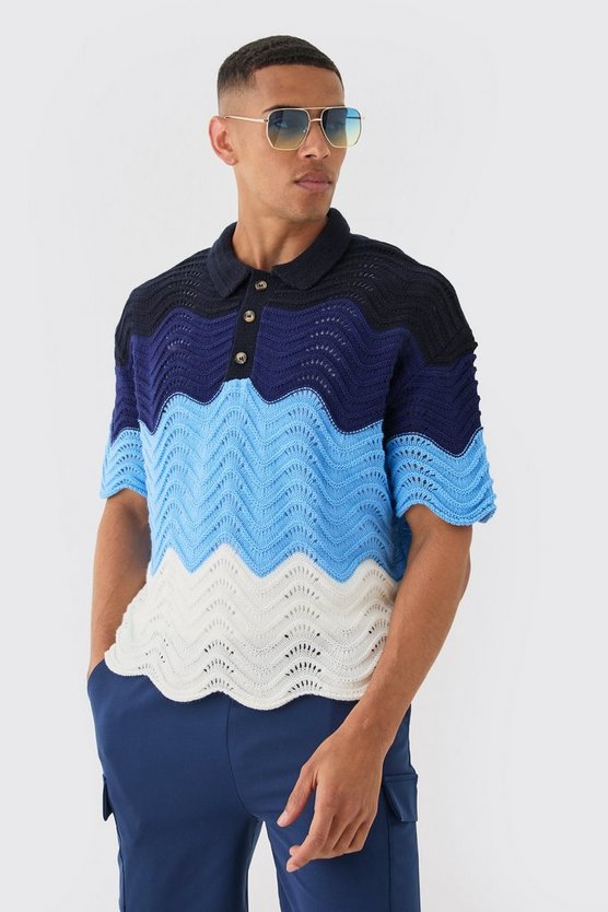 Kastiges gehäkeltes Oversize Ombre Poloshirt