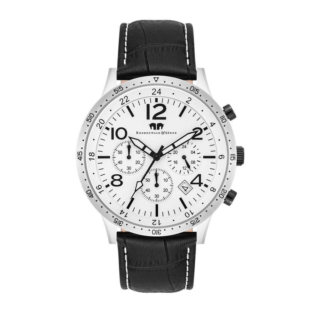 Rhodenwald & Söhne Chronographe Flight Captain en Argent Cuir véritable en Noir Montre