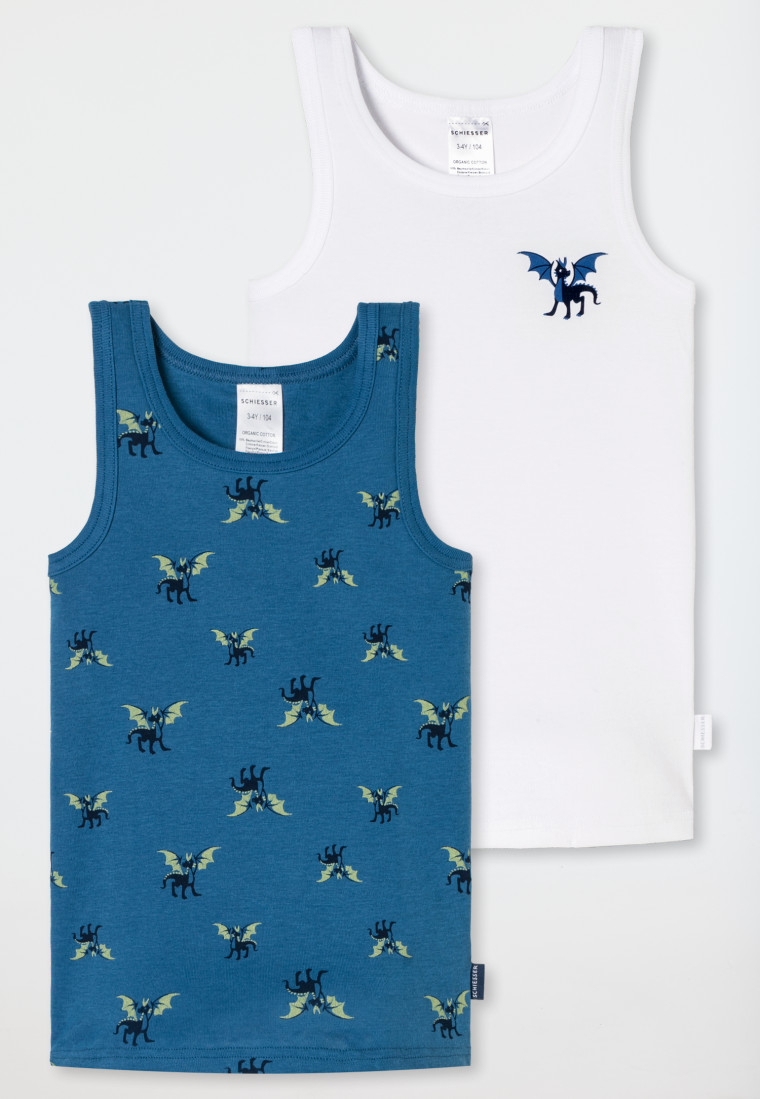 Unterhemden 2er-Pack Drachendruck blau/weiß - Fine Rib