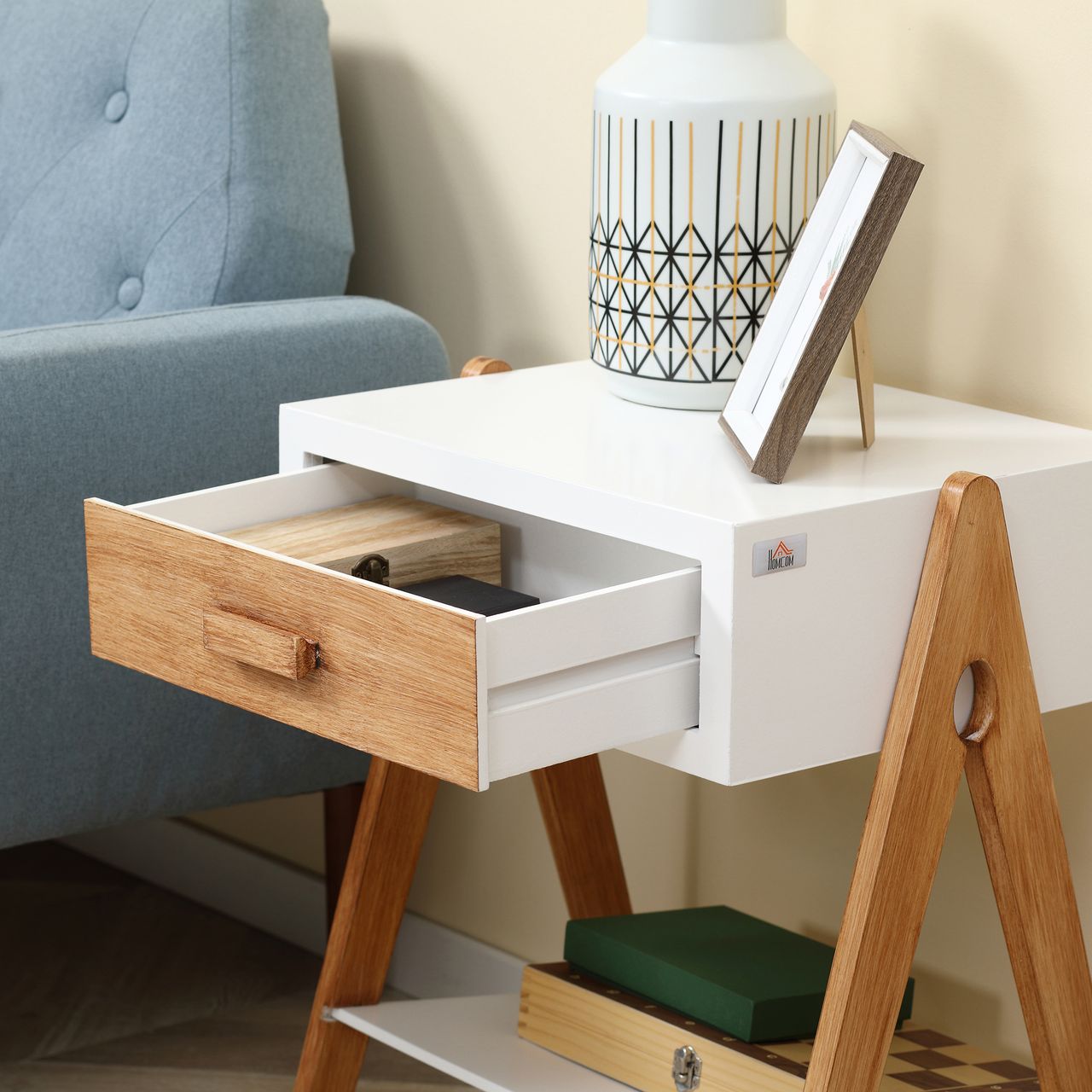 HOMCOM Beistelltisch Nachttisch mit Schublade und Ablage Couchtisch Sofatisch Kaffeetisch für Schlafzimmer Wohnzimmer Skandi-Design Weiß Natur 45 x 35 x 54,5 cm