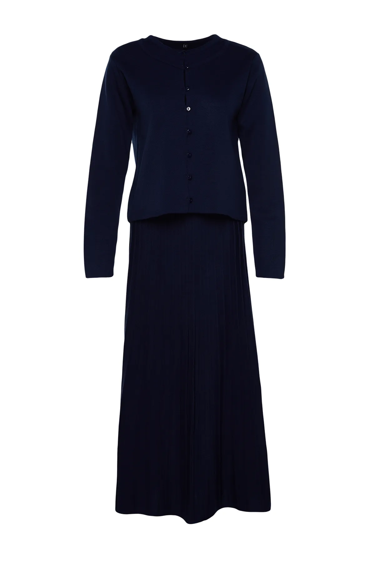 Trendyol Modest  Marineblaues Strickoberteil- und -unterteil-Set mit geknöpftem Cardigan-Rock TCTAW24US00043