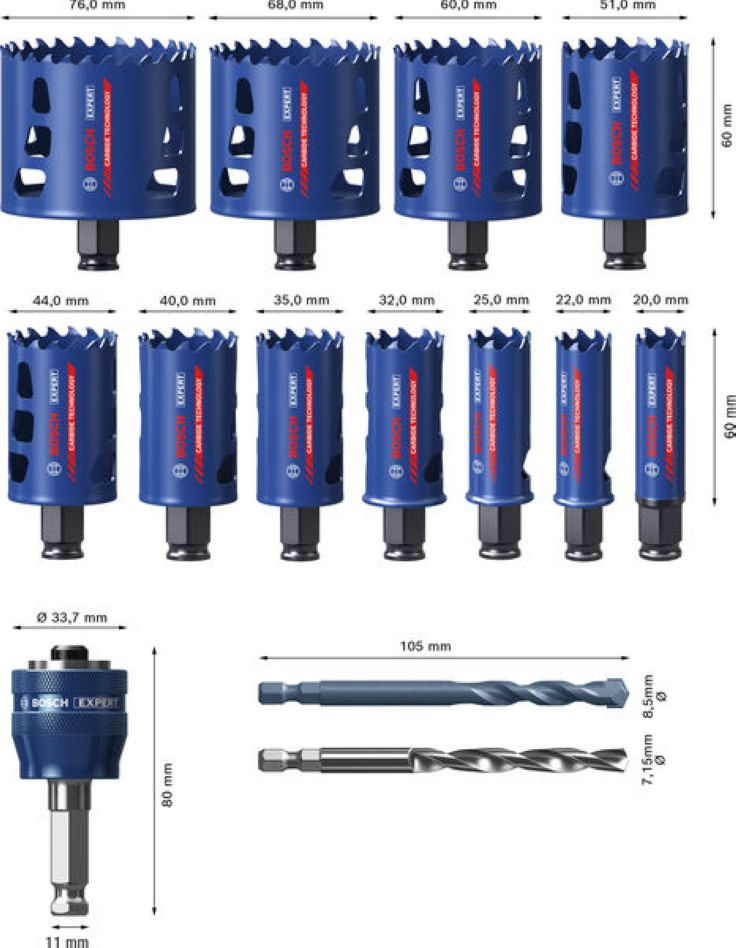 Bosch Blue Accessories 2608901909 EXPERT Power-Change hulsavsæt Multi Material universal 20/22/25/32/35/40/44/51/60/68/76 mm 14 dele