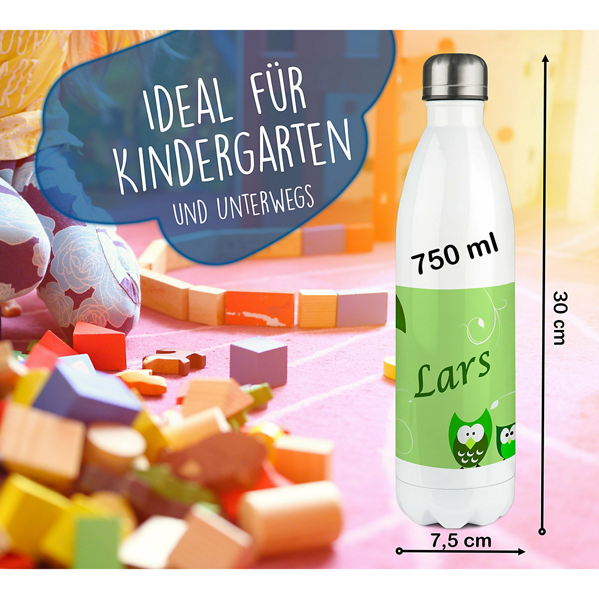 Edelstahl Kinder Thermoflasche / Trinkflasche bunt Eule Farbe grün Spülmaschinenfest, Auslaufsicher, Bruchfest, Doppelwandig, Für Heißgetränke geeignet, Mit Deckel, Isoliert