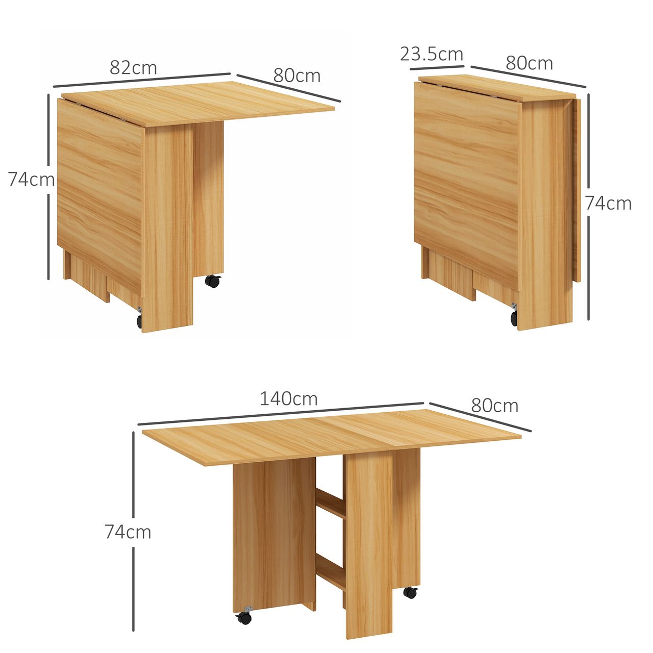 HOMCOM Klapptisch Esszimmertisch mit Rollen mobiler Tisch Ablagefläche Teak