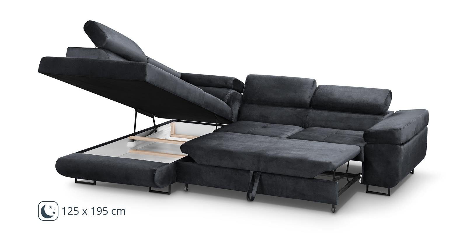 Beautysofa Ecksofa Waldo L, inklusive Schlaffunktion, Bettkasten, mit verstellbaren Kopfstützen, L-förmige Ecke mit Wellenfedern, gepolstertes Schlafecke für Wohnzimmer