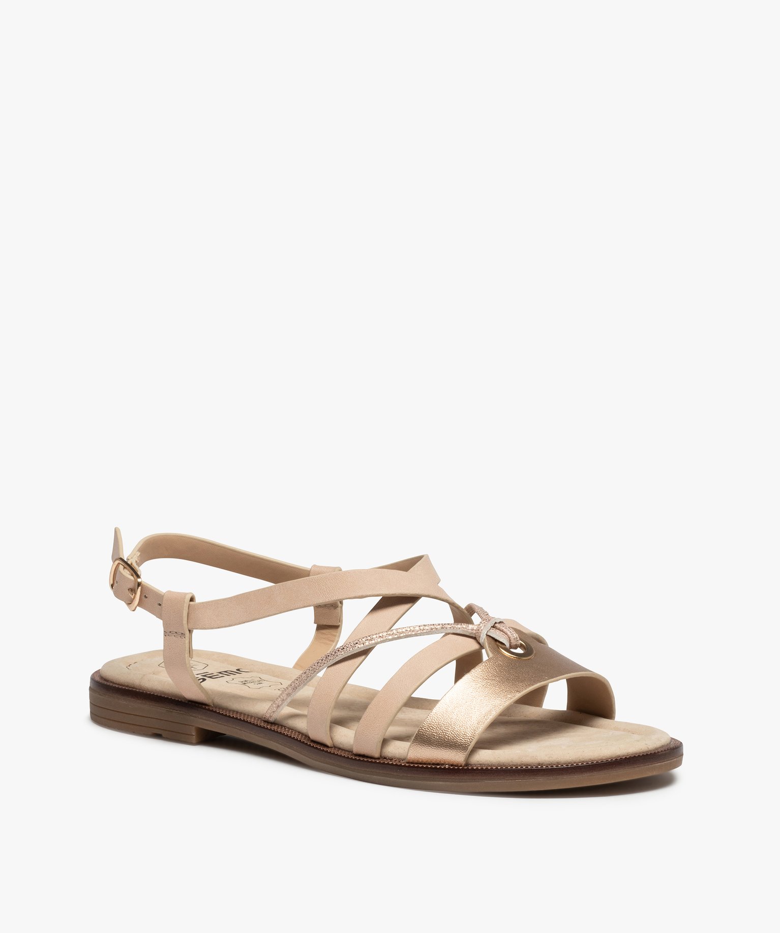 Sandales femme à talon plat et brides métallisées rose | GEMO