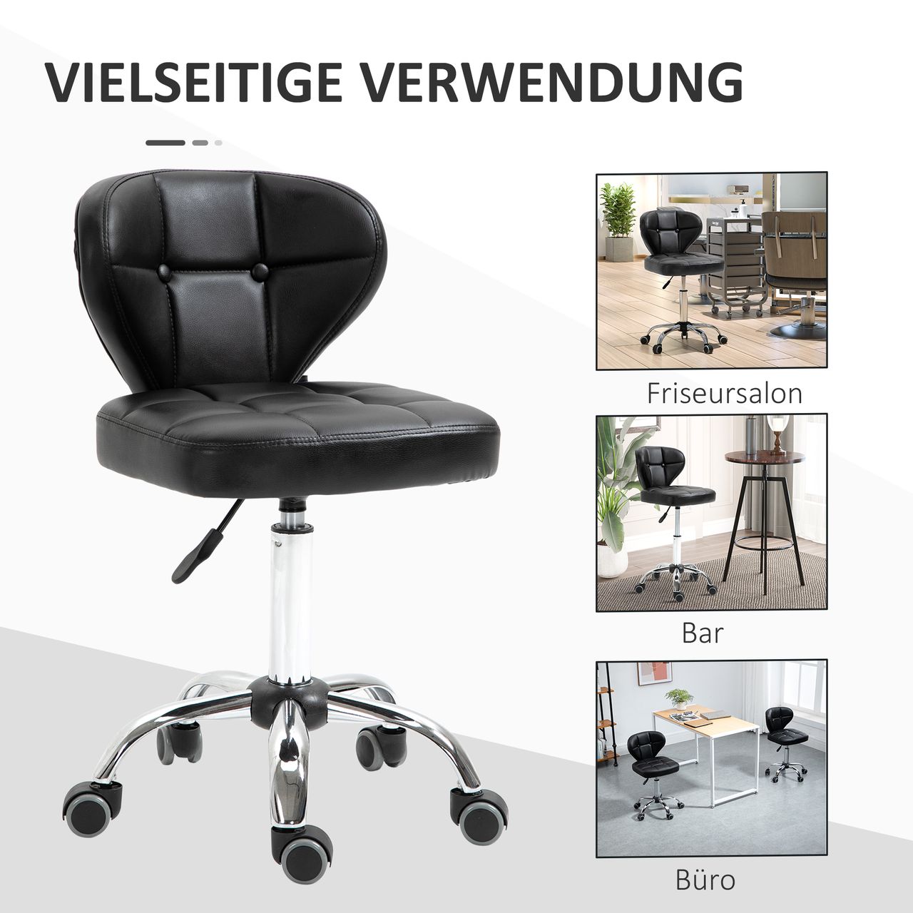 HOMCOM 2er-Set Arbeitshocker mit Rückenlehne Rollhocker aus Kunstleder Drehhocker mit Lehne Kosmetikhocker 72-87 cm höhenverstellbar Büro Dunkelgrau 45 x 47 x 72-87 cm