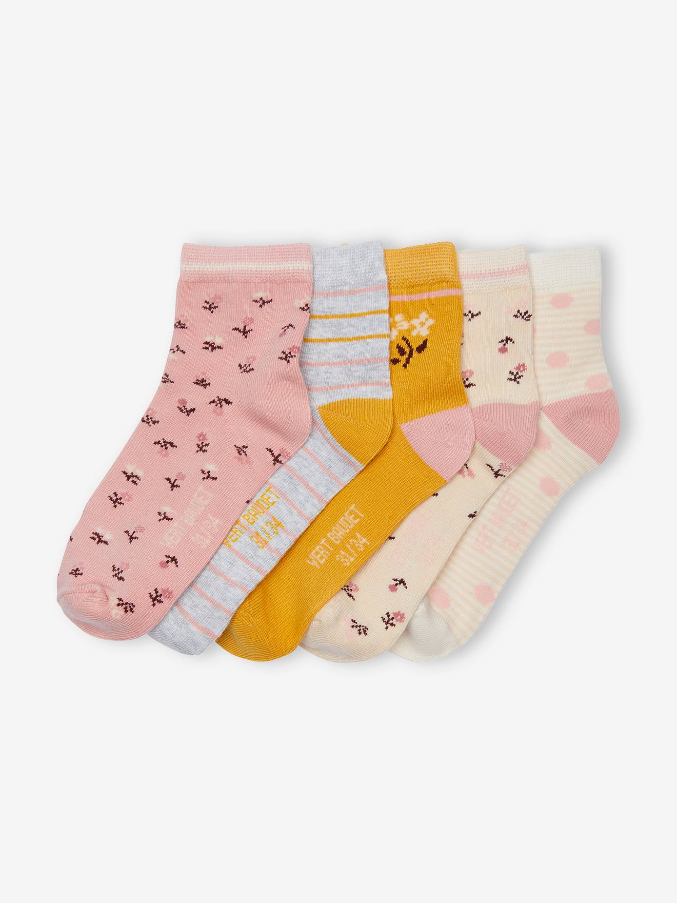 Lot de 5 paires de mi-chaussettes fleurs fille vieux rose