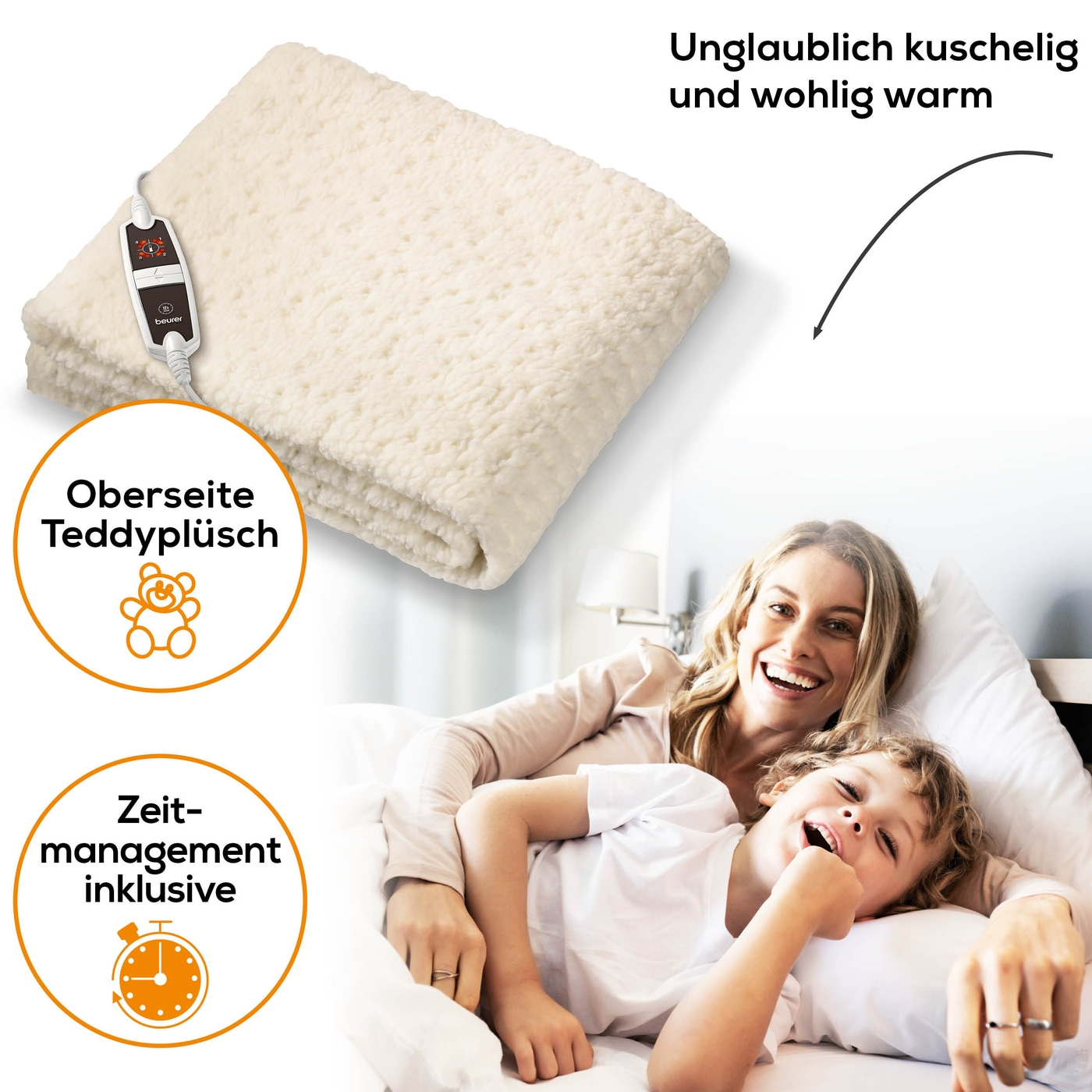 Beurer Wärmeunterbett UB 53 Teddy Single-Extra kuscheliges Wärmeunterbett mit 4 Temperaturstufen & Rückschaltautomatik - 150 x 80 cm