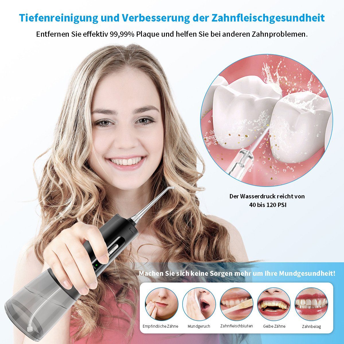 flowgoer Munddusche Akku-Munddusche, 300 ml, wasserfeste Dusche, Interdentalreiniger, Tragbar, 4 Modi, 4 Düsen, 40 Tage Nutzung mit einer einzigen Ladung