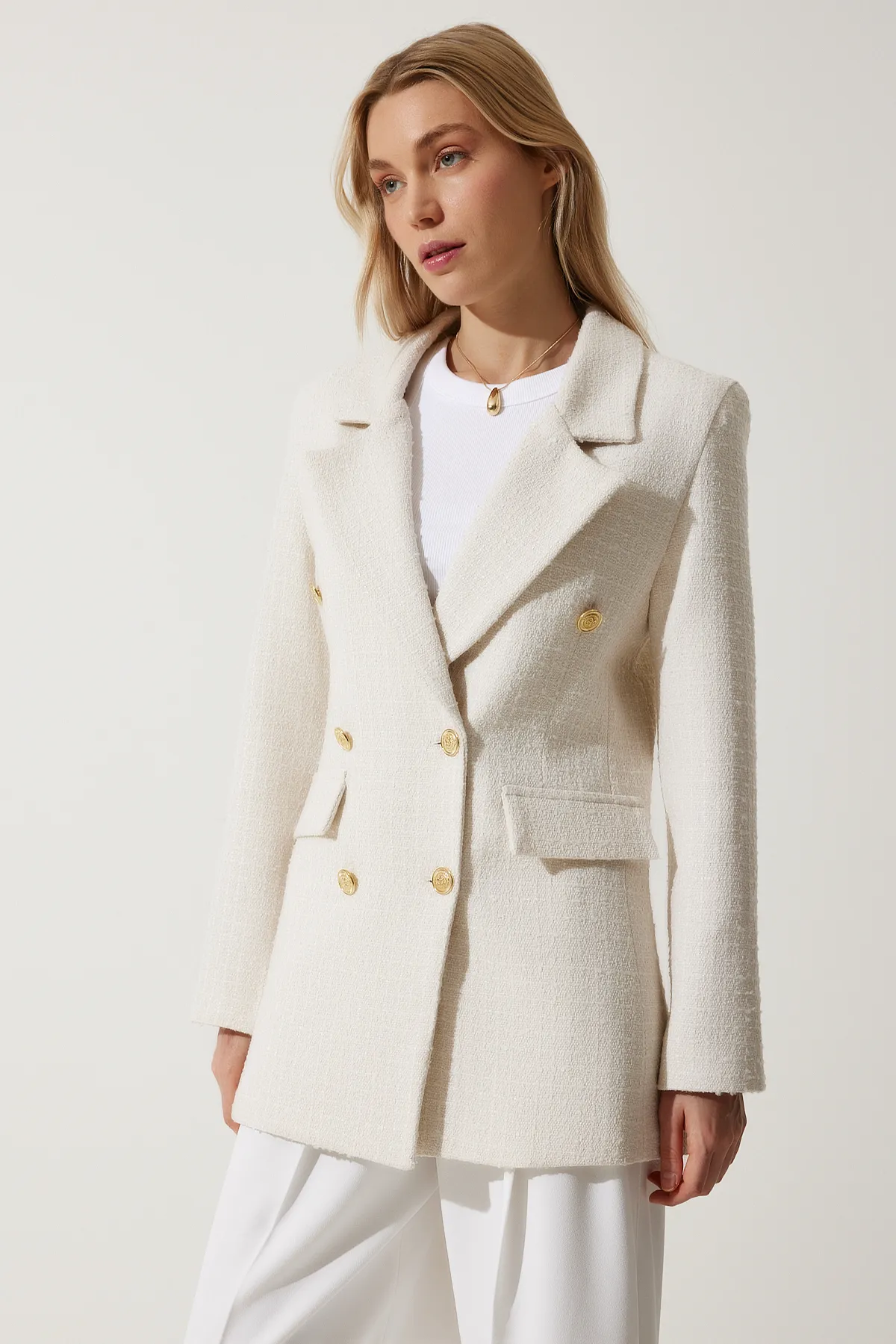 Happiness İstanbul  Damen Blazer mit Knochenknöpfen, Tweedjacke WF00004