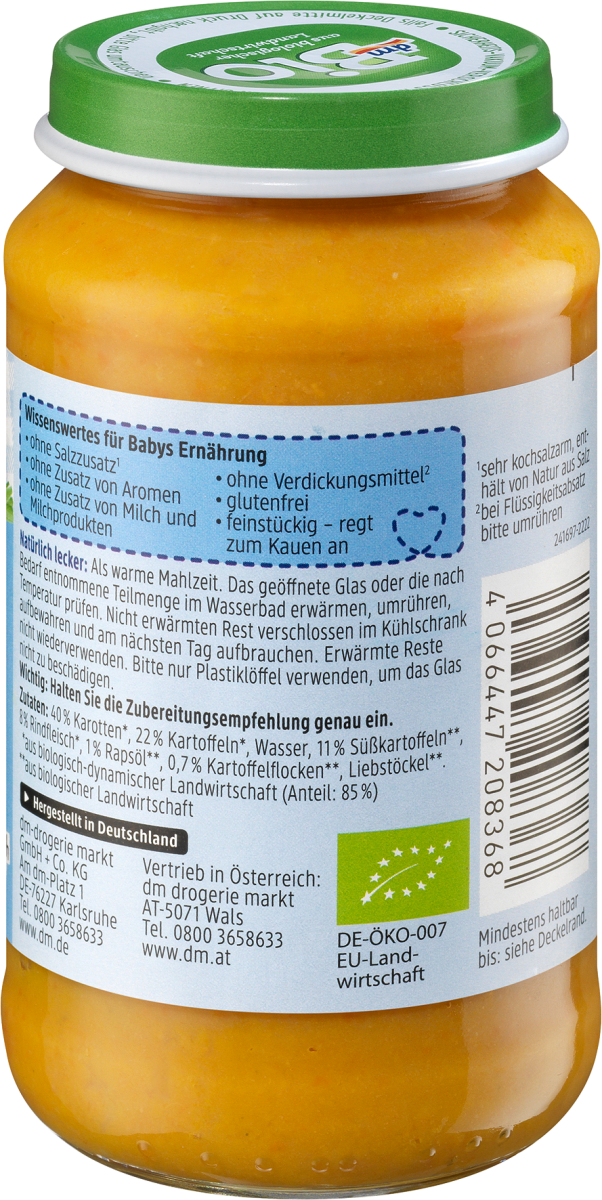 Menü Karotten mit Süßkartoffeln und Rind ab dem 8. Monat, Demeter, 220 g