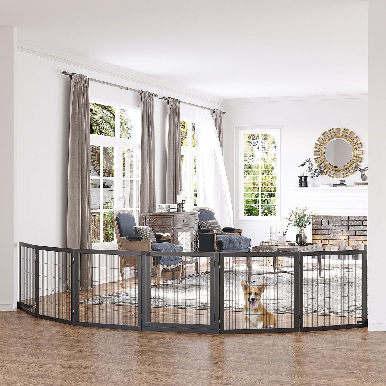 PawHut Türschutzgitter Absperrgitter für Hunde Schutzgitter Hundegitter Sicherheitstür Bidirektionales Falten Kiefernholz Metall Schwarz 432 x 36 x 70 cm
