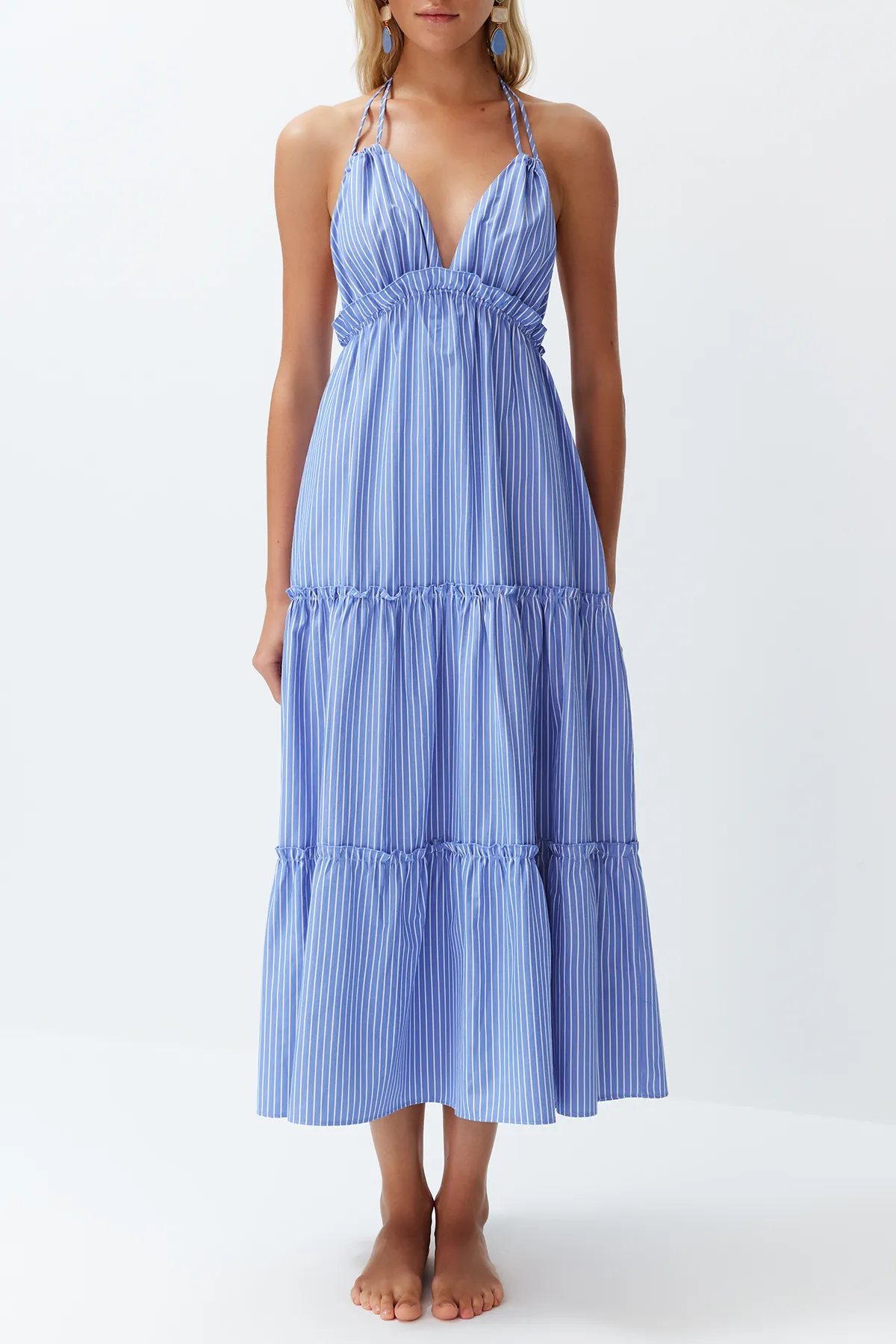 Trendyol Collection  Gestreiftes Maxi-Strandkleid mit gewebten Rüschen TBESS24EL00091