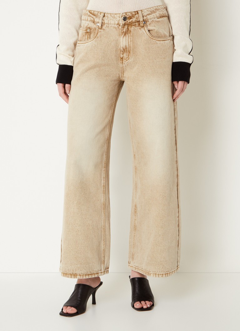 House of Sunny Sandblast mid waist wide leg jeans with colored wash and logo