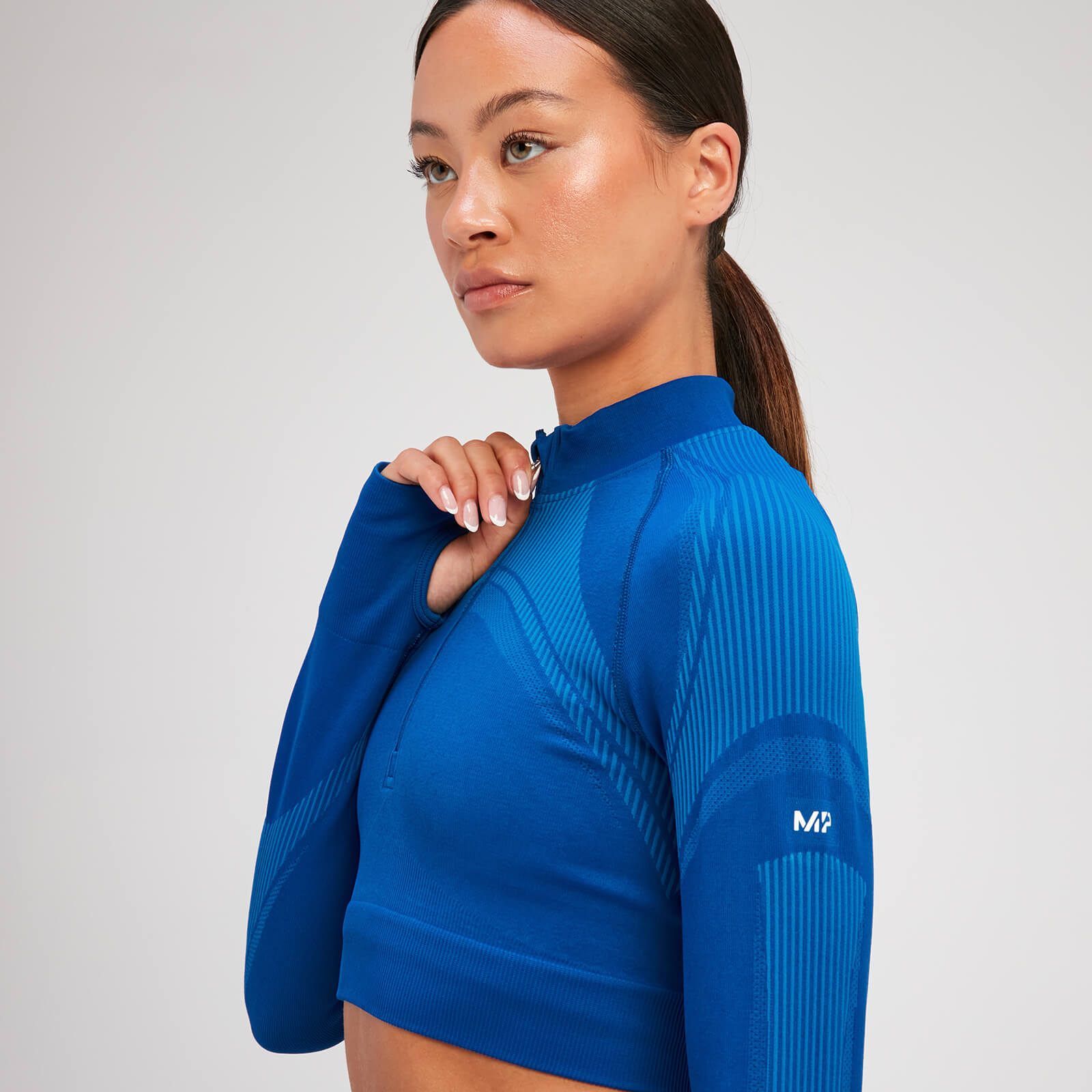 Crop top sans coutures à manches longues et à fermeture éclair ¼ MP Tempo Ultra pour femmes – Bleu surf