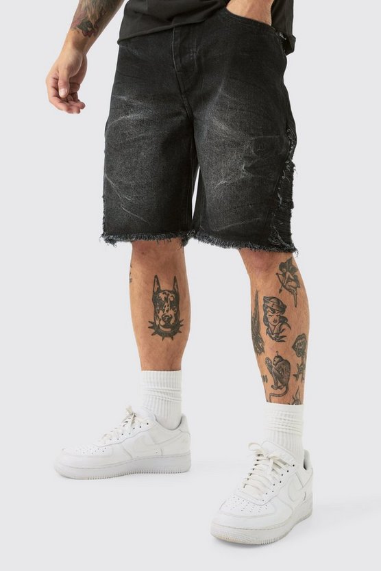 Lockere Jeansshorts mit extremen Rissen in verwaschenem Schwarz